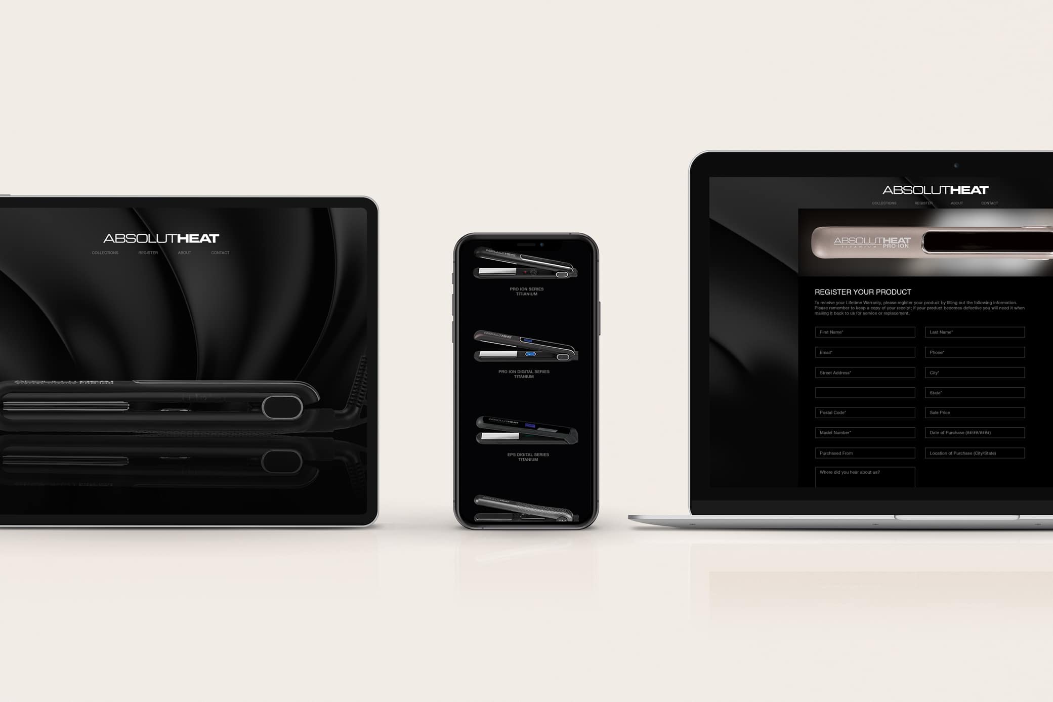 Beauty products web design, AbsolutHeat, showcasing its homepage in black with hero image and other pages featuring their flat iron tools.