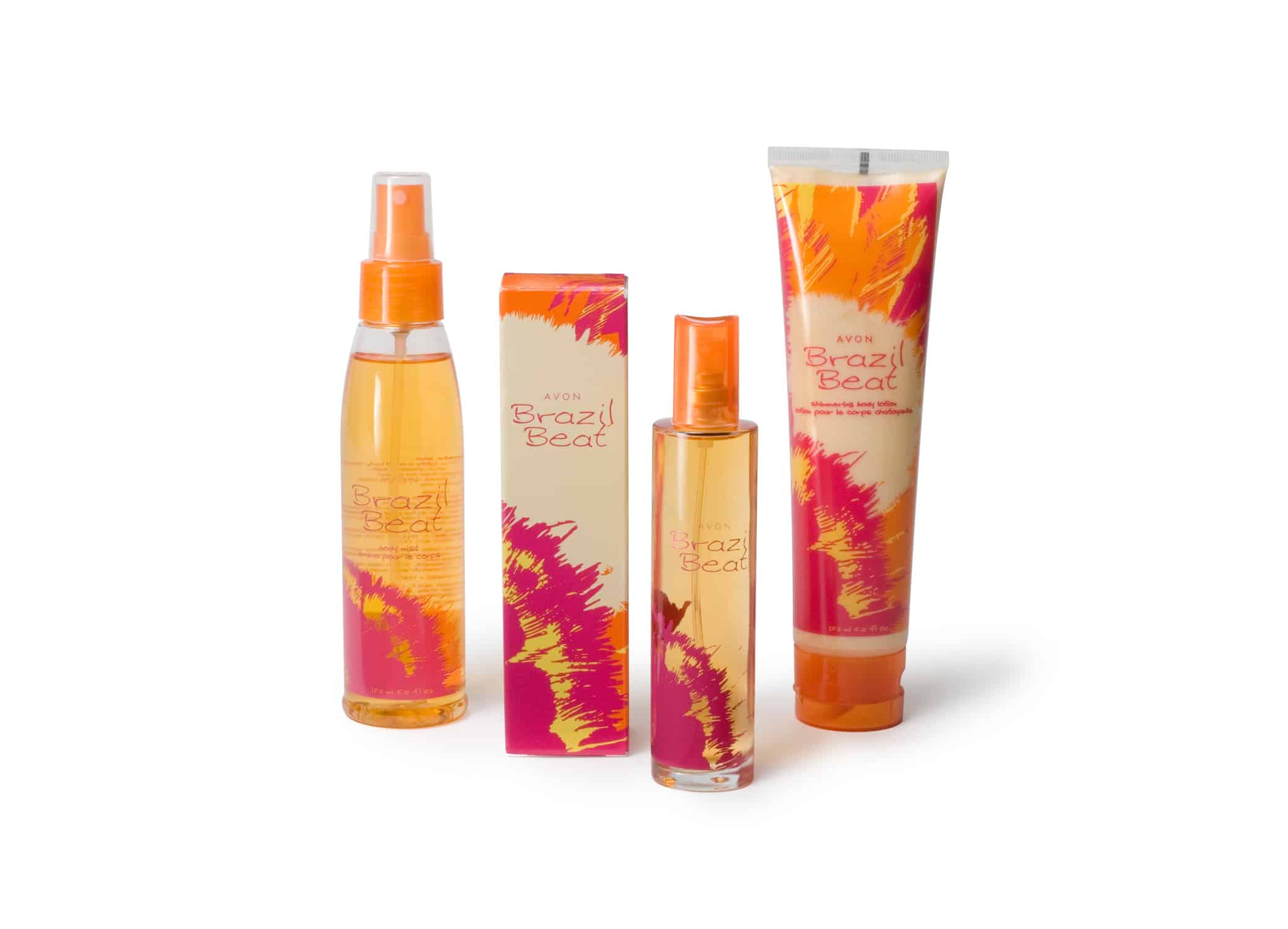Creative perfume packaging design for Avon Brazil Beat with vibrant oranges and magenta feathered details on bottle.