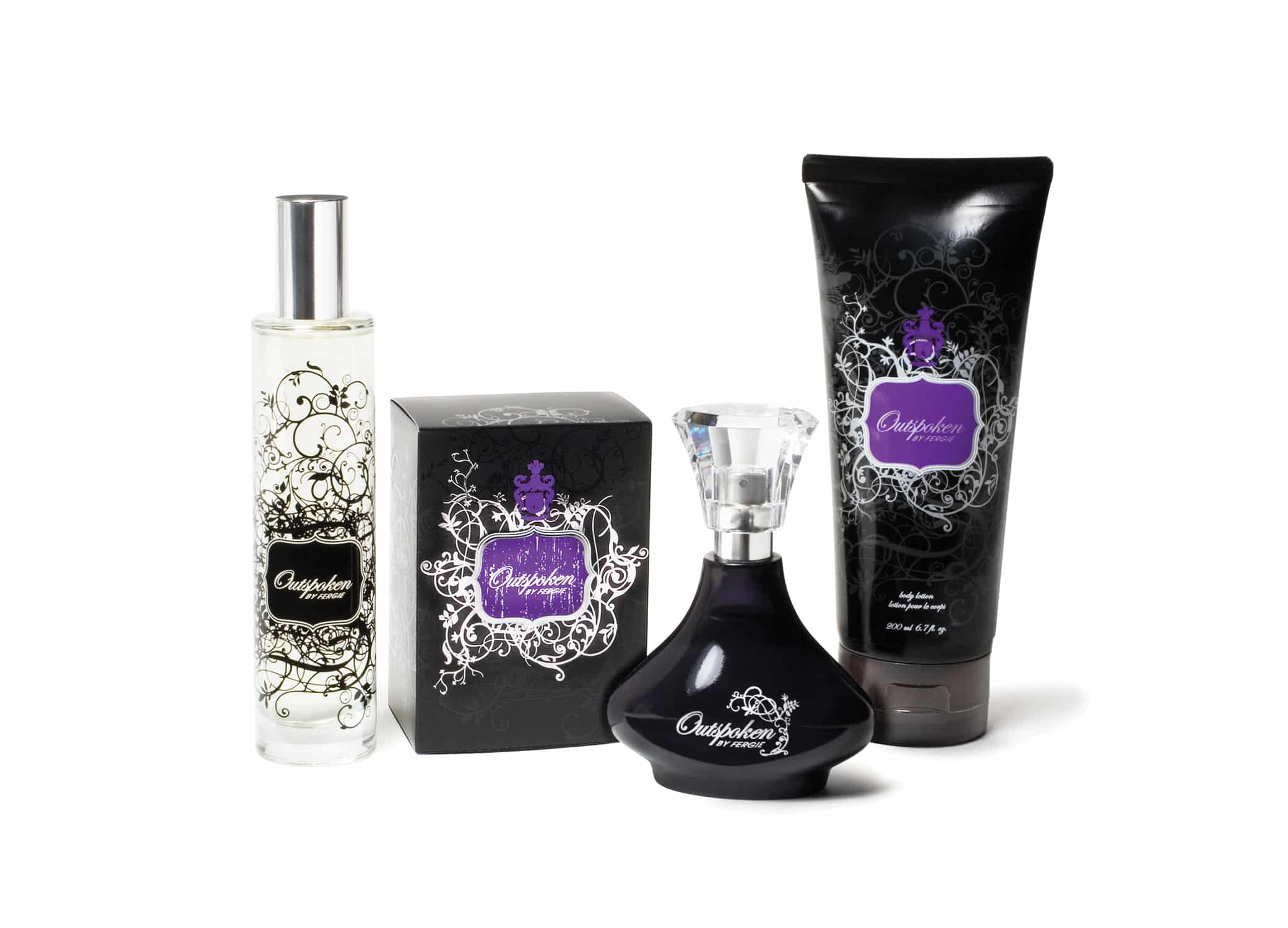 Avon Outspoken by Fergie fragrance line with black glass perfume packaging, purple designs, and script font.
