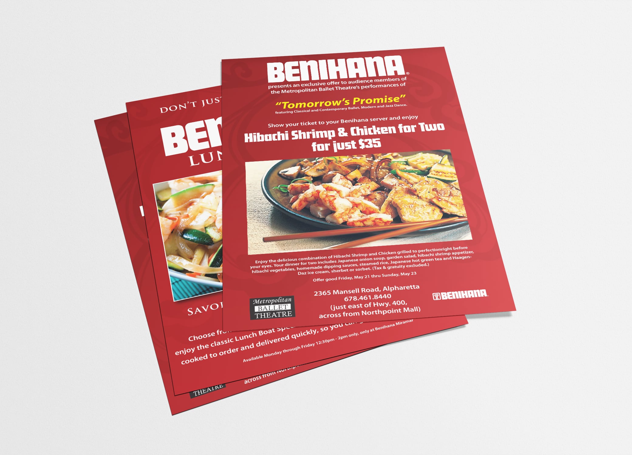 Benihana food brand design red poster featuring the restaurant's exclusive entree against grey backdrop.