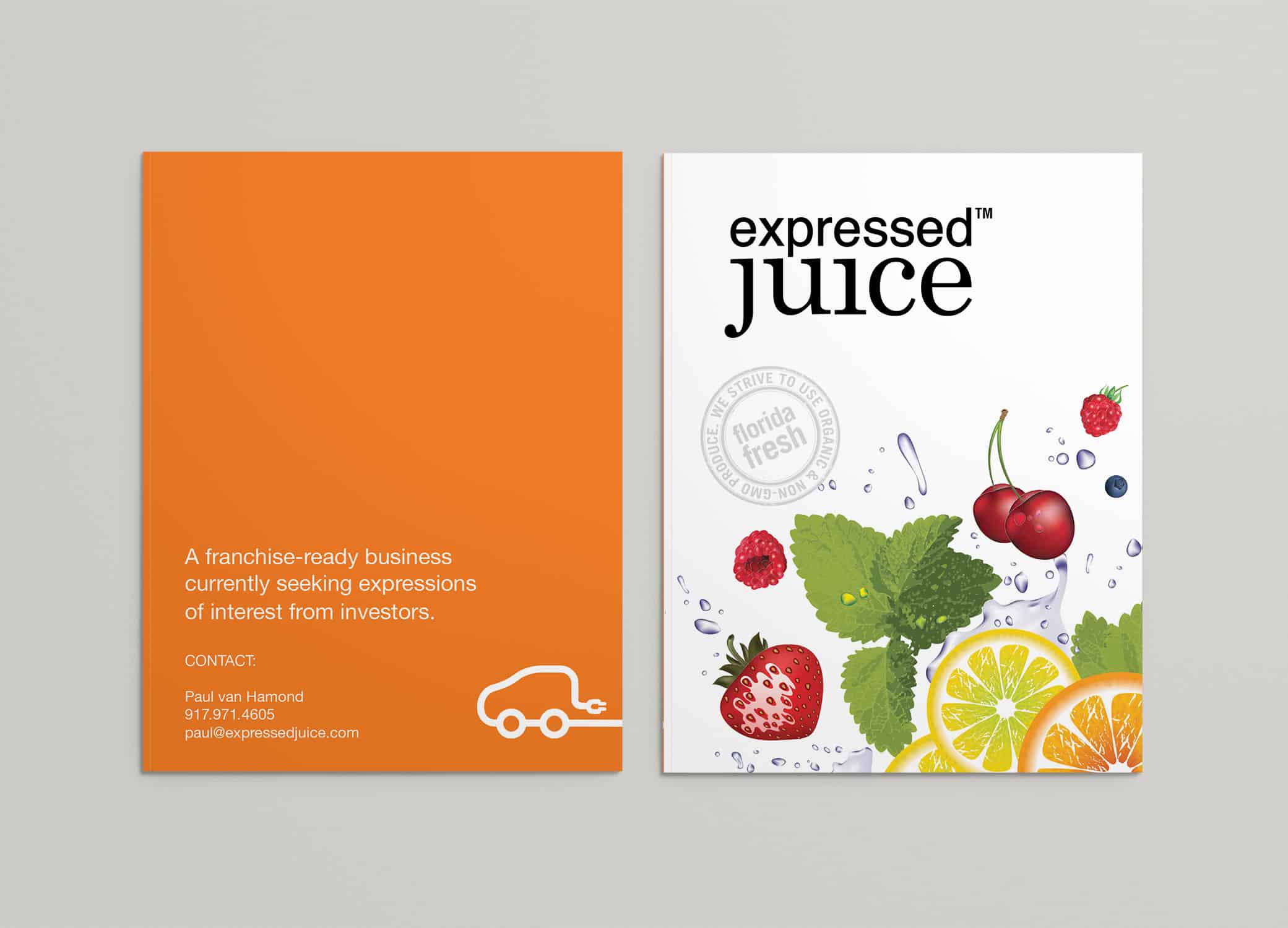 Expressed Juice brochure showcasing the front and back pages.