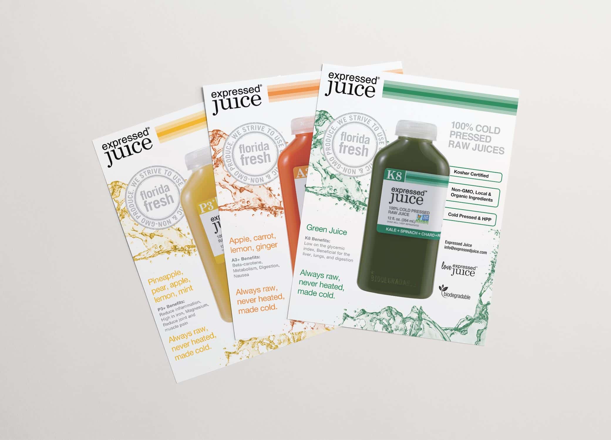 Expressed Juice cruise line flyers providing insight into the brand and offer marketing potential.