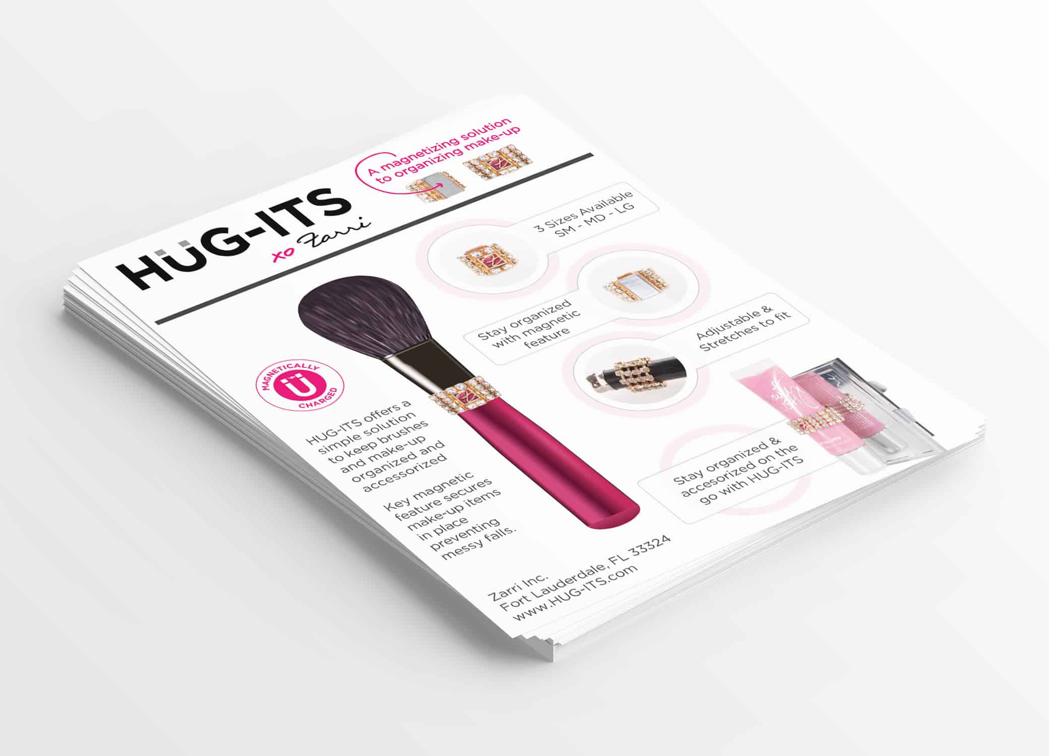 Hug-its promotional stacked flyers highlighting product features of magnetically charged brush and elements.
