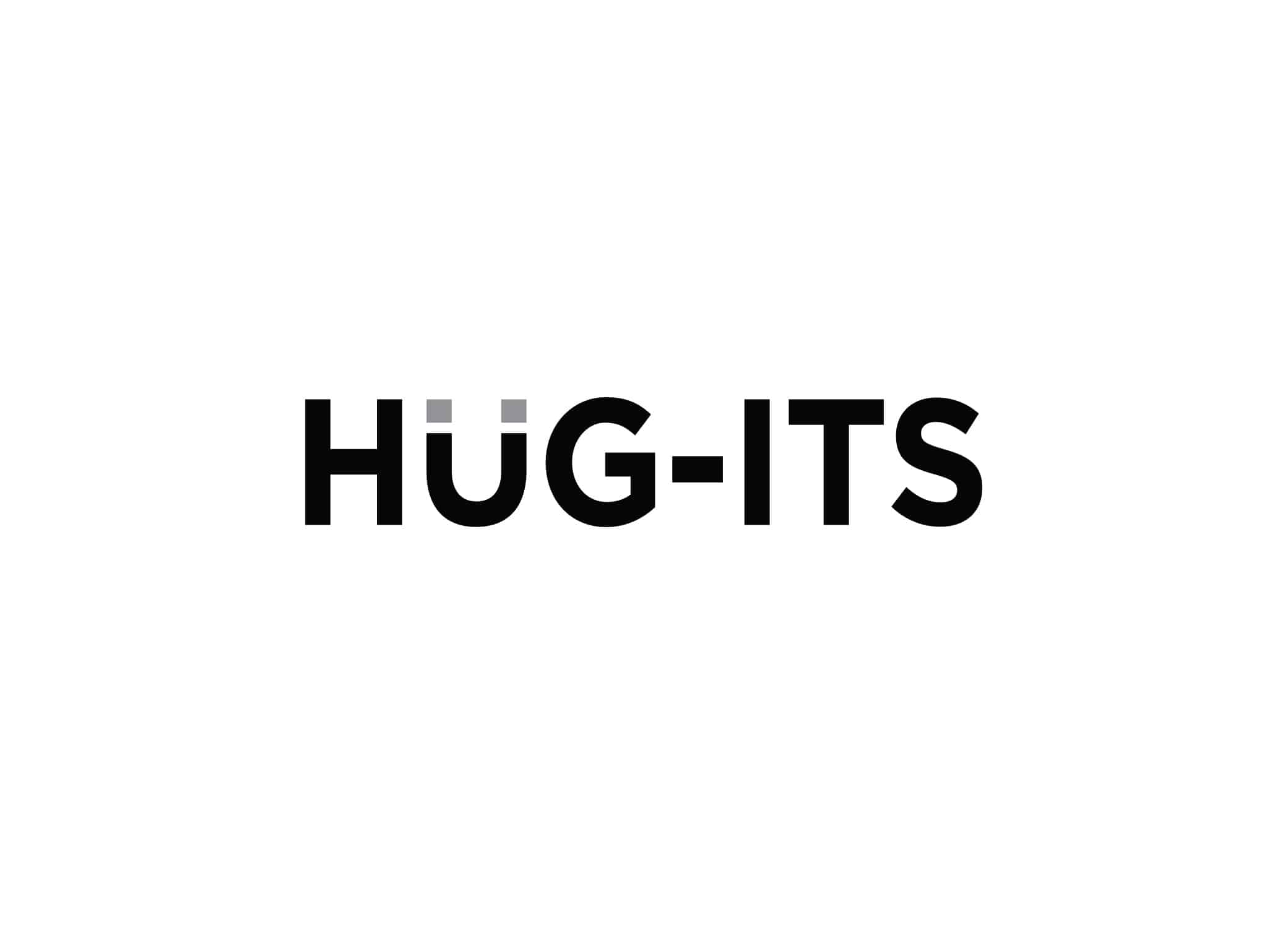 Hug-its logo design featuring the “u” as a magnet and bold black and gray sans serif font.