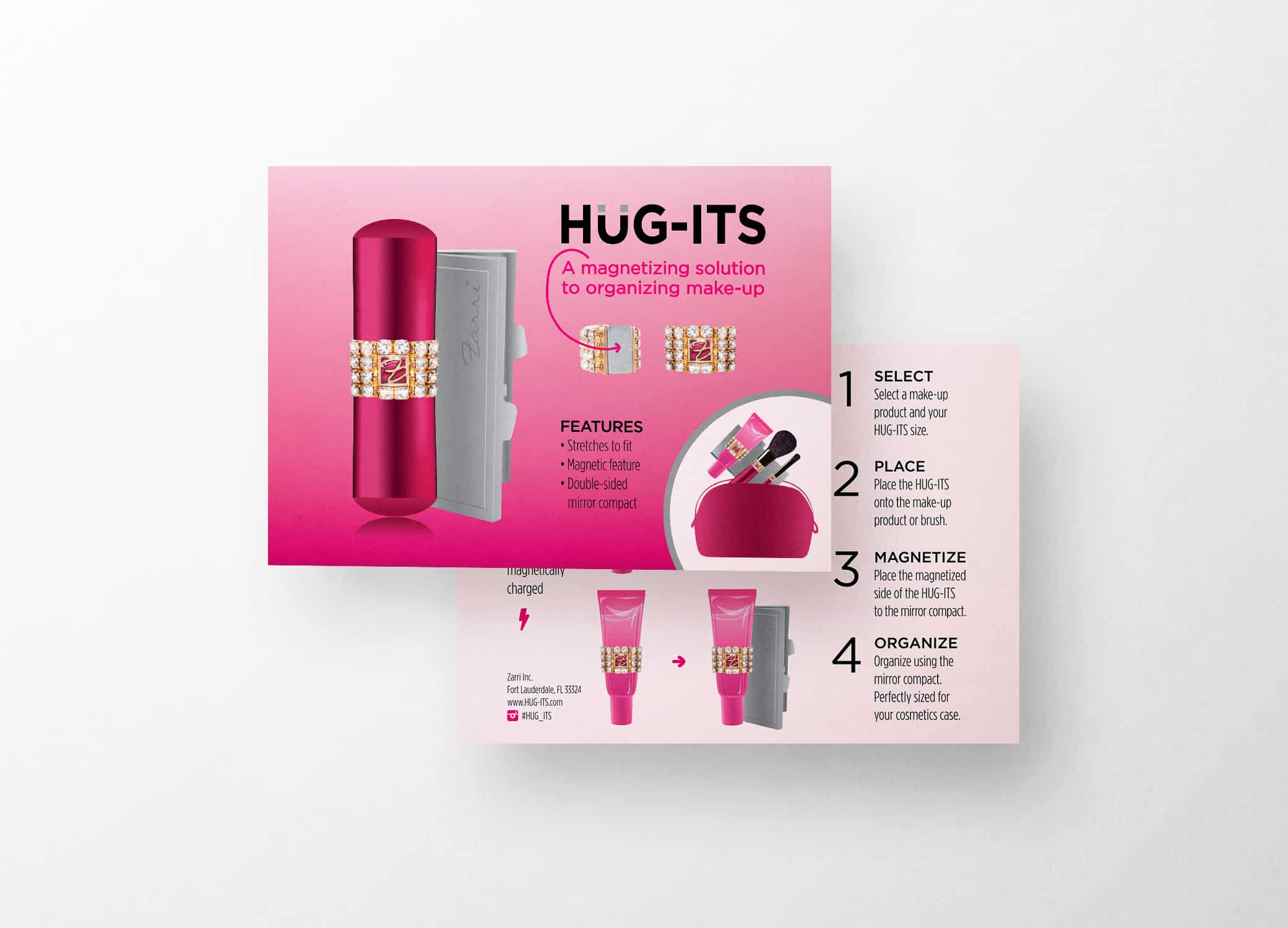 Hug-its magenta postcard front and back view providing more information about how to use the packaging design of cosmetic product.