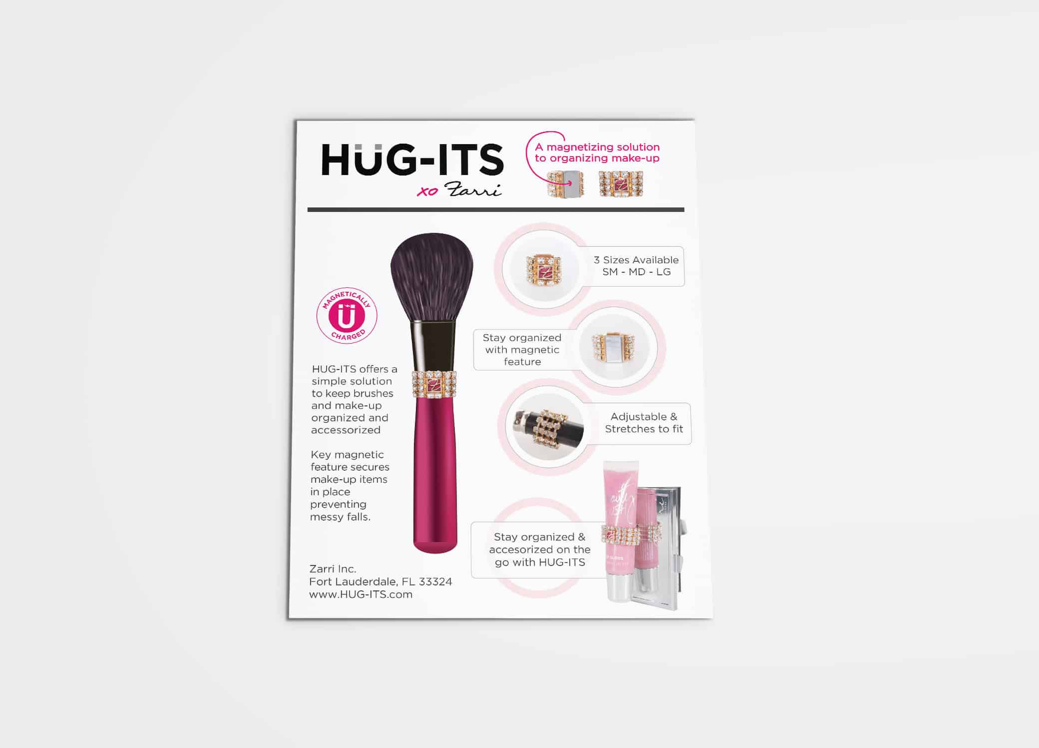 Hug-its sell sheet providing more information about how to use the product against light grey backdrop.