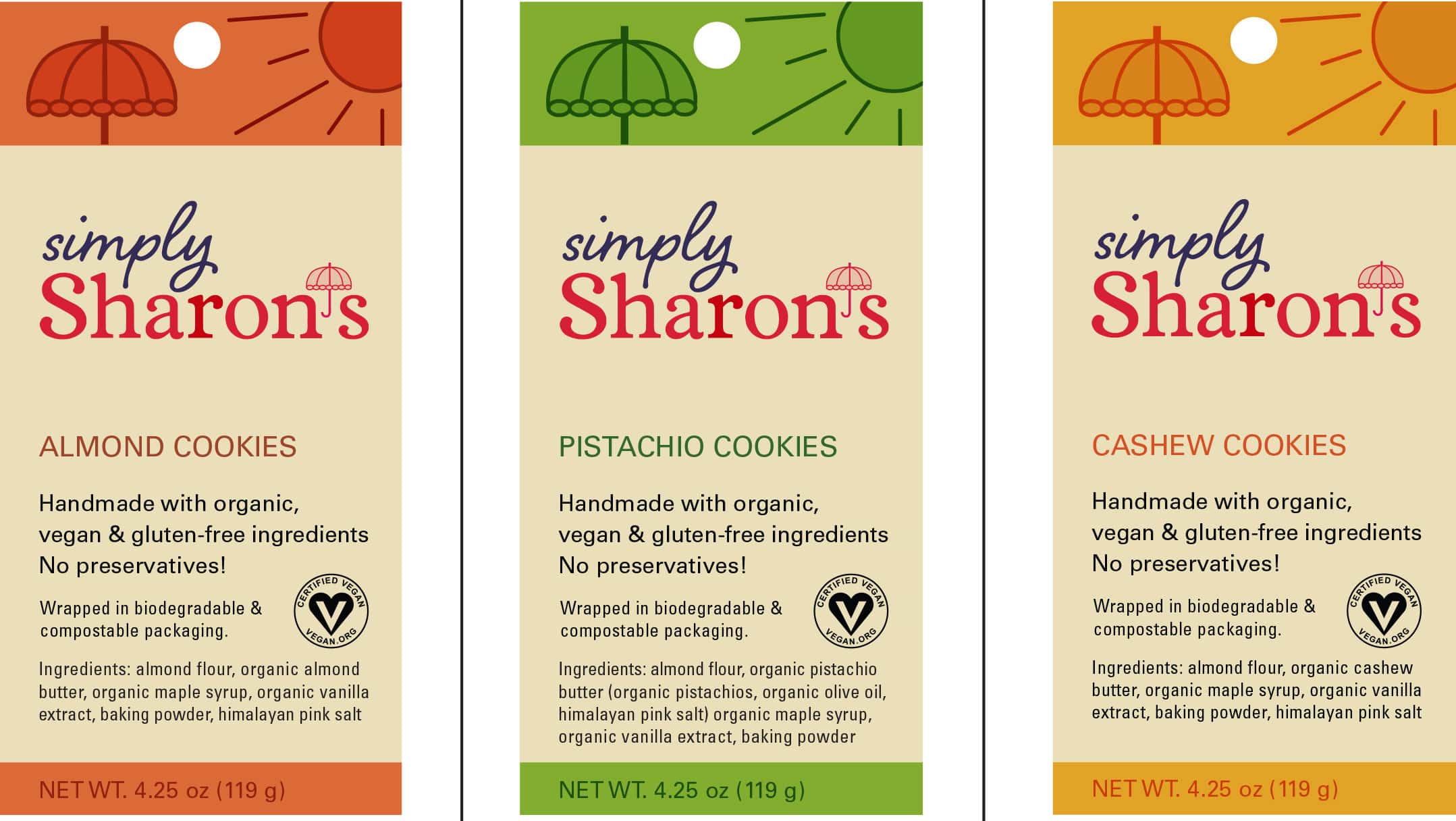 Simply Sharon's eco friendly food packaging design for labels with warm earthy colors, inviting designs, and logo above ingredients list.