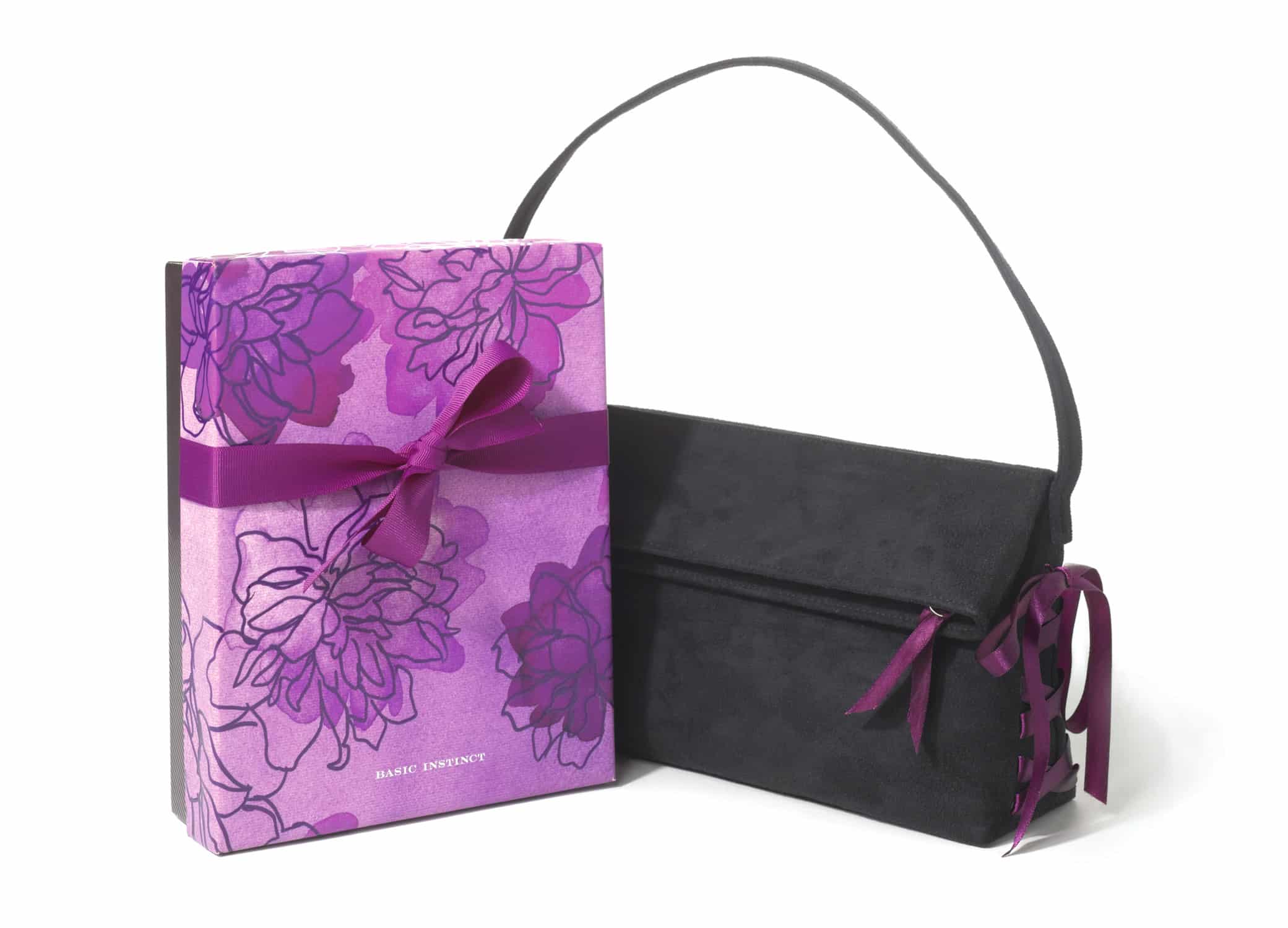 Unique gift boxes packaging design for Victoria's Secret Basic Instinct with black handbag and floral box.
