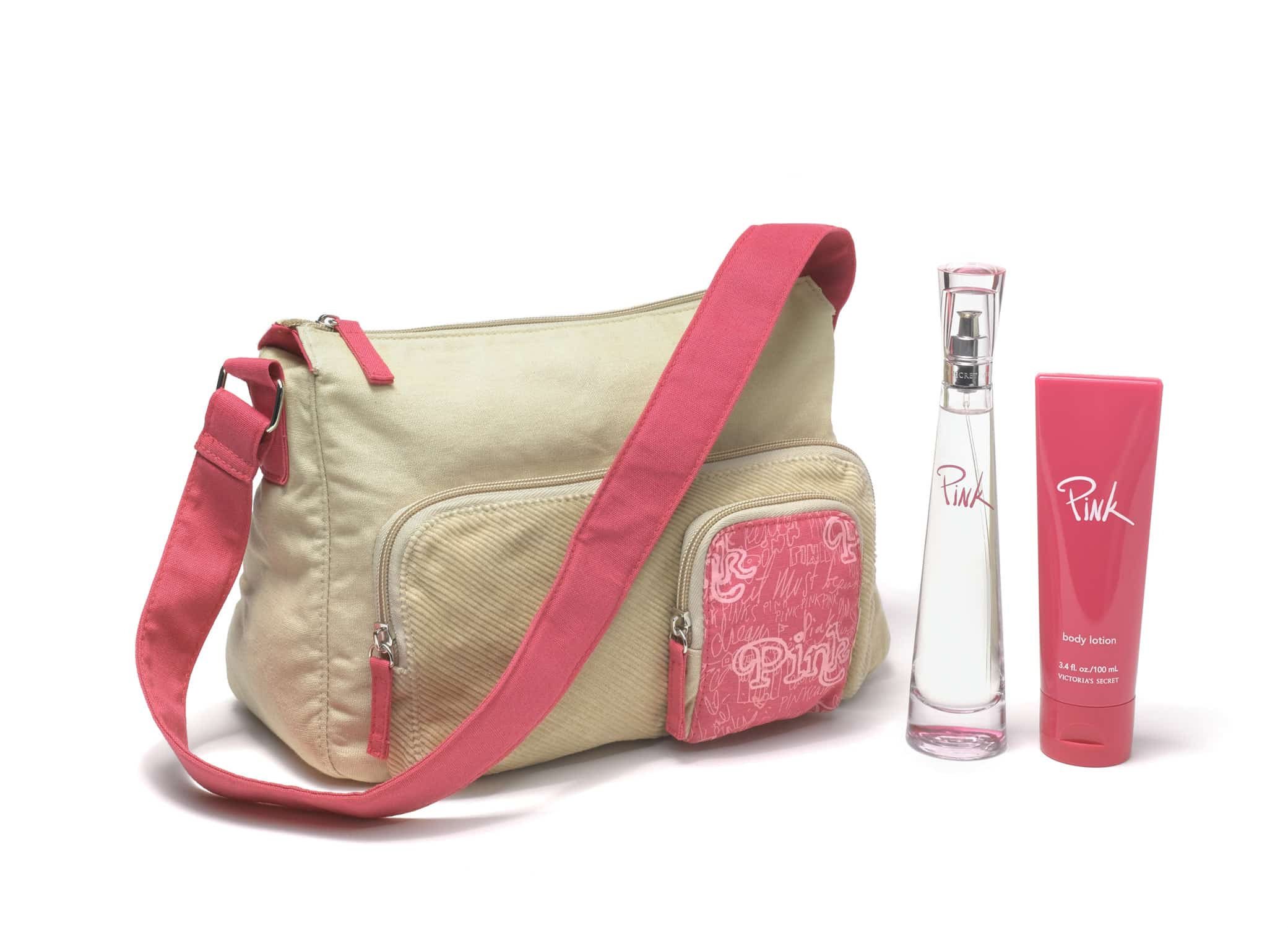 Perfume packaging design for Victoria's Secret Pink showcasing signature pink fragrance bottles with beige and pink handbag.