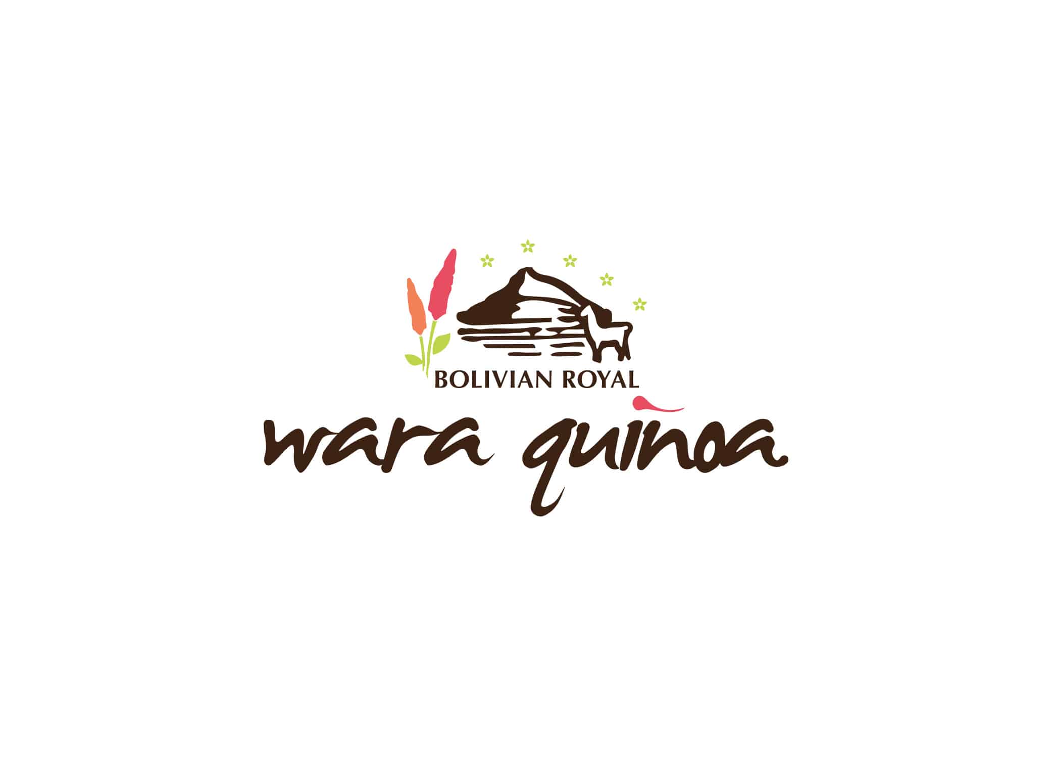 Wara Quinoa logo design with the valley and llama icons and brown, pink and green color palette.