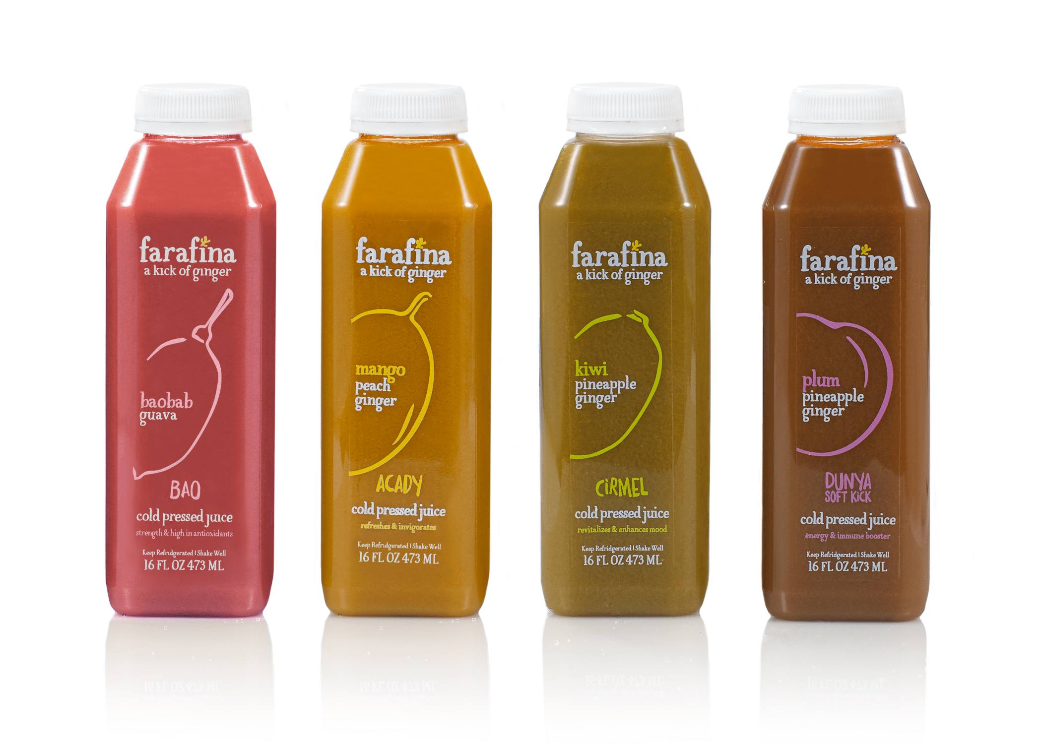 Farafina Juice packaging bottle designs with vibrant, hand drawn, rustic illustrations of the main fruit in 4 juices.