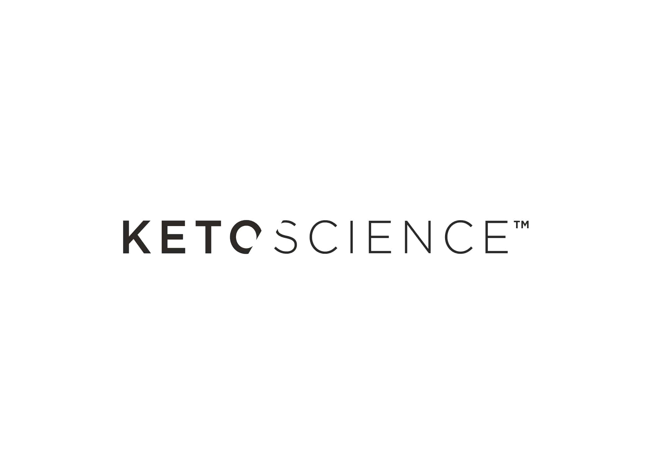 Keto Science logo design with a band slicing the “O” and “S,” bold font for “keto,” and simple font for “science.”