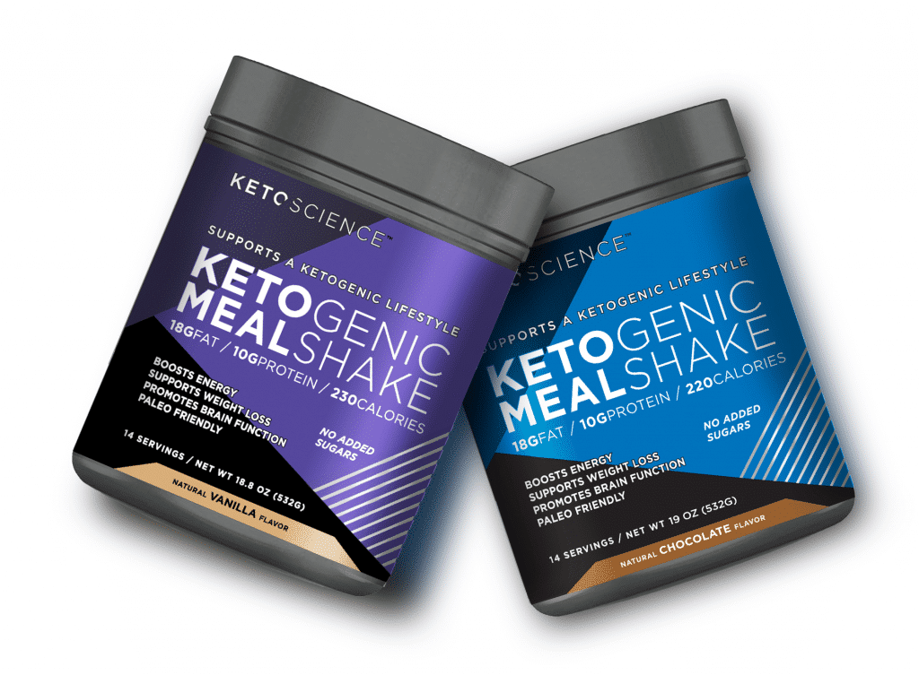 Keto Science packaging design for Ketogenic Mealshake products including a purple and a blue label for each container.