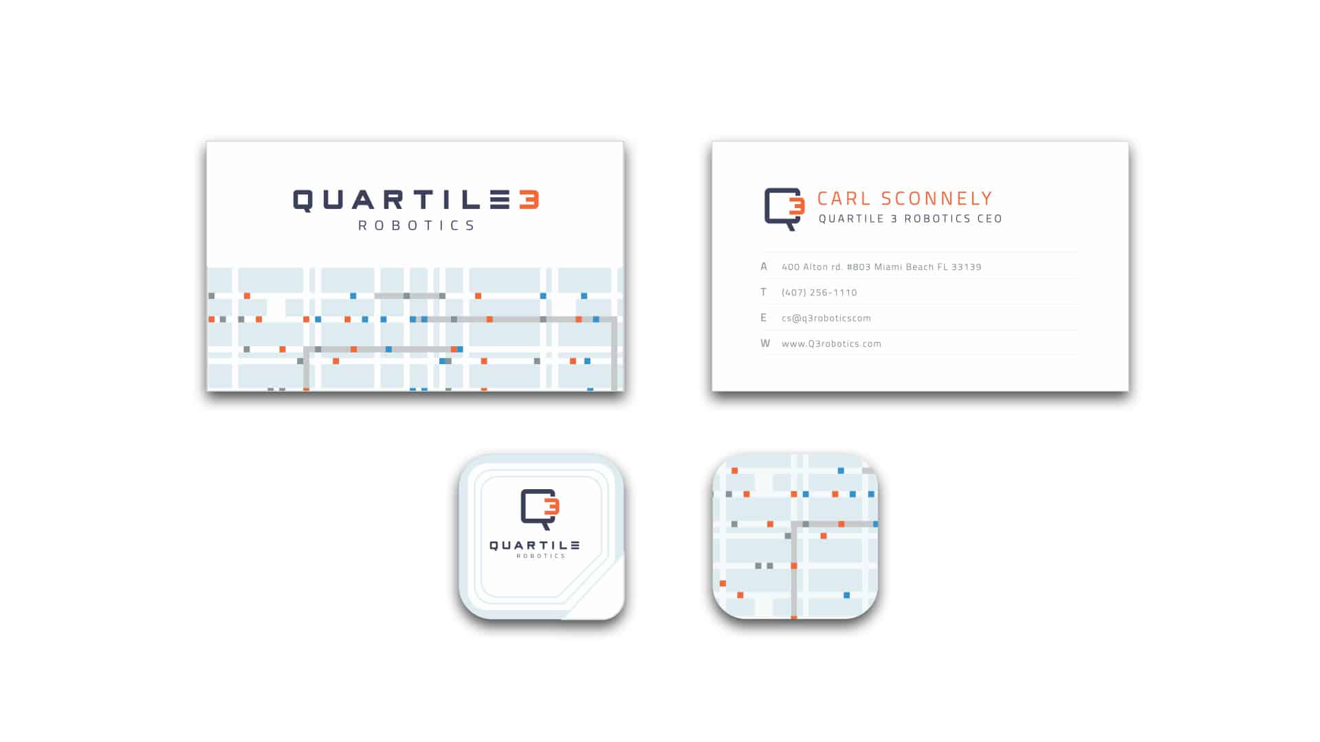 Quartile 3 Robotics business cards and stickers in white, orange, and navy with circuitry design elements.