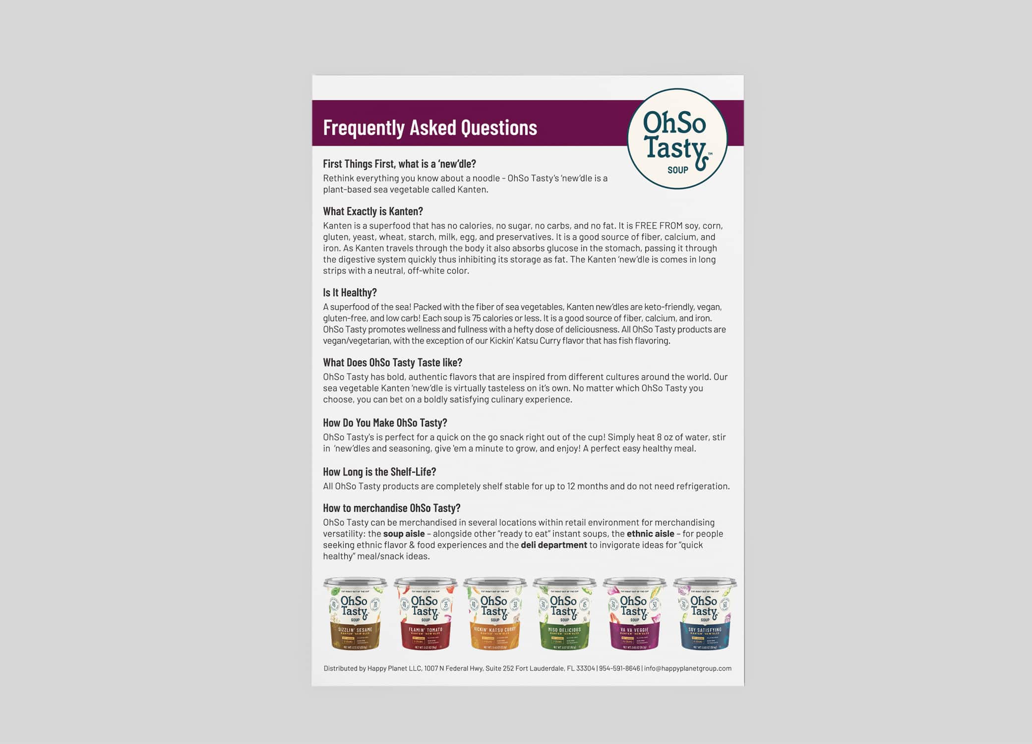 OhSo Tasty FAQ sheet design answering product questions such as, What exactly is Kanten? and, Is it healthy?