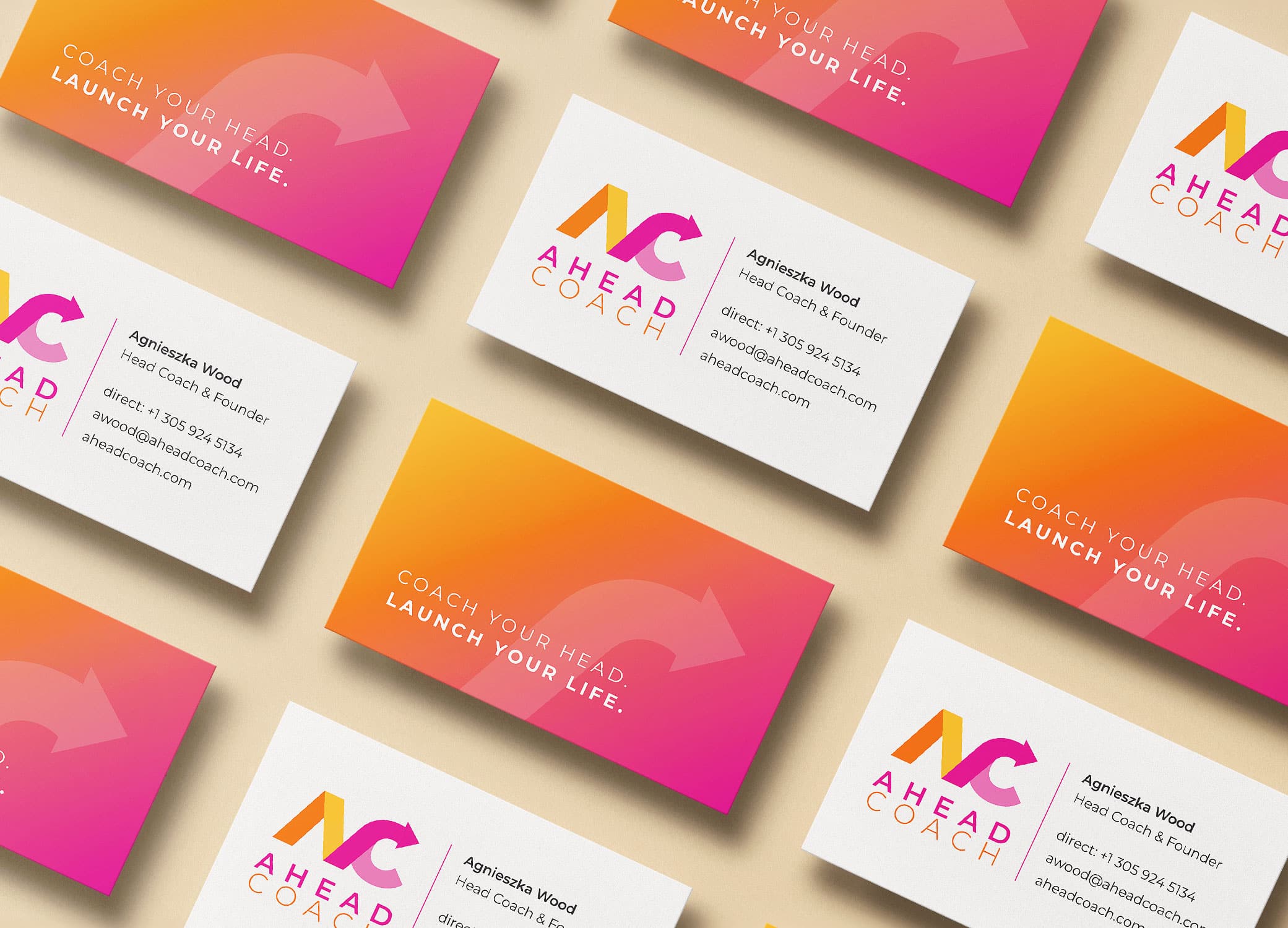 Ahead Coach business cards arranged in diagonal rows to show front and back view.