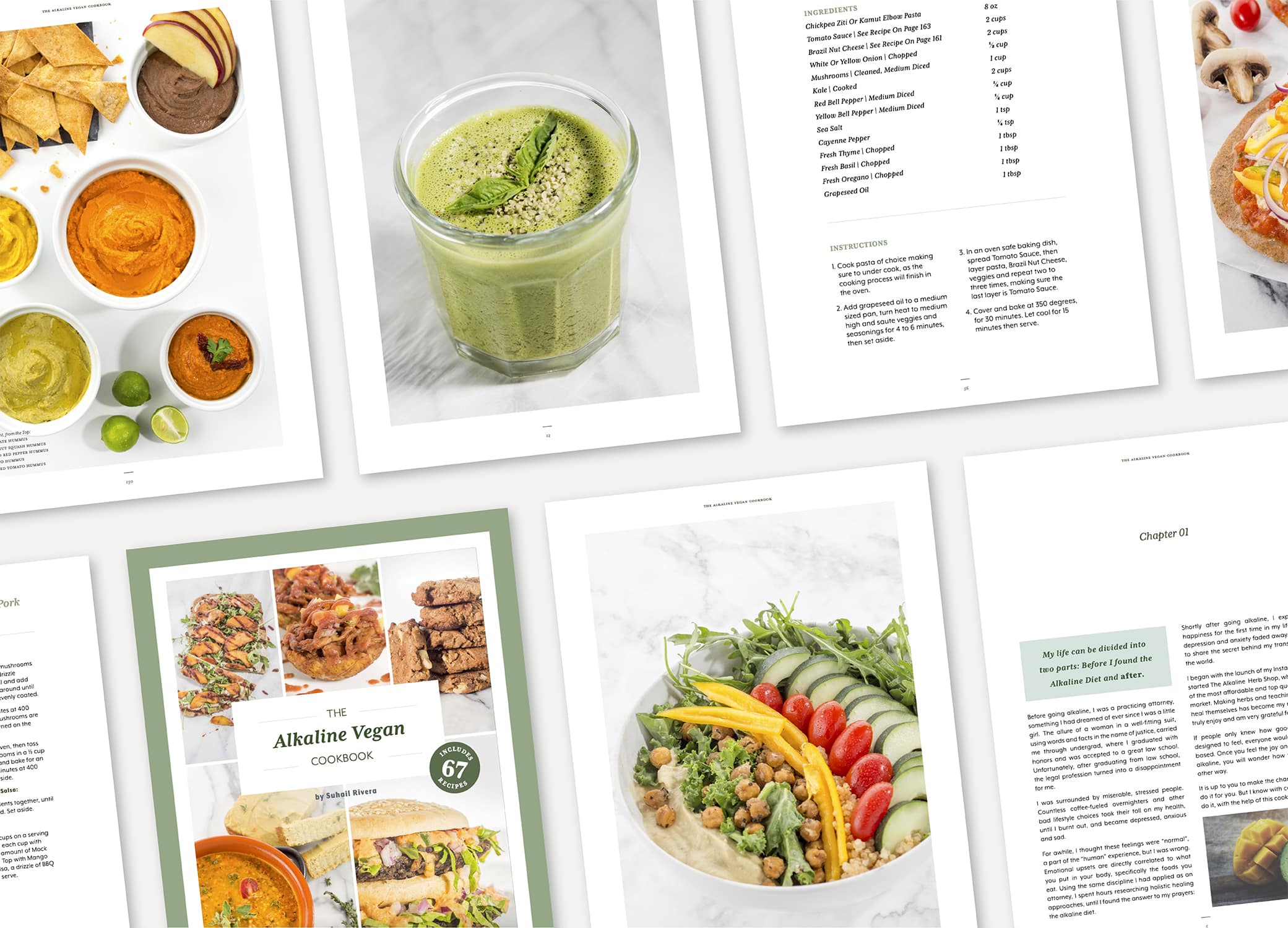 Alkaline Vegan Cookbook branded design in green and white showing 8 recipe pages and the dietary supplement packaging design.