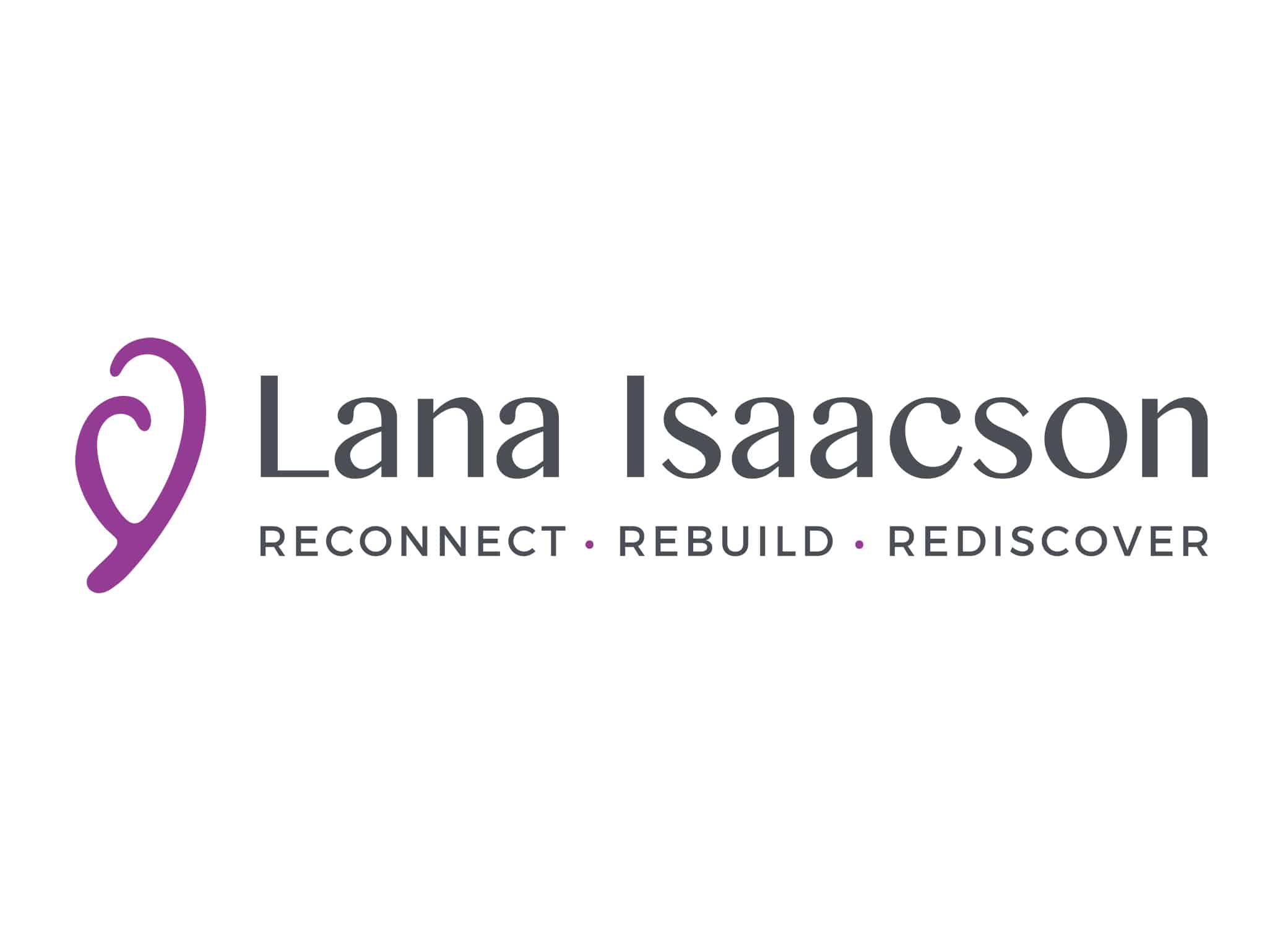 Lana Isaacson mental health logo design with abstract violet heart icon design and the tagline: Reconnect, Rebuild, Rediscover.