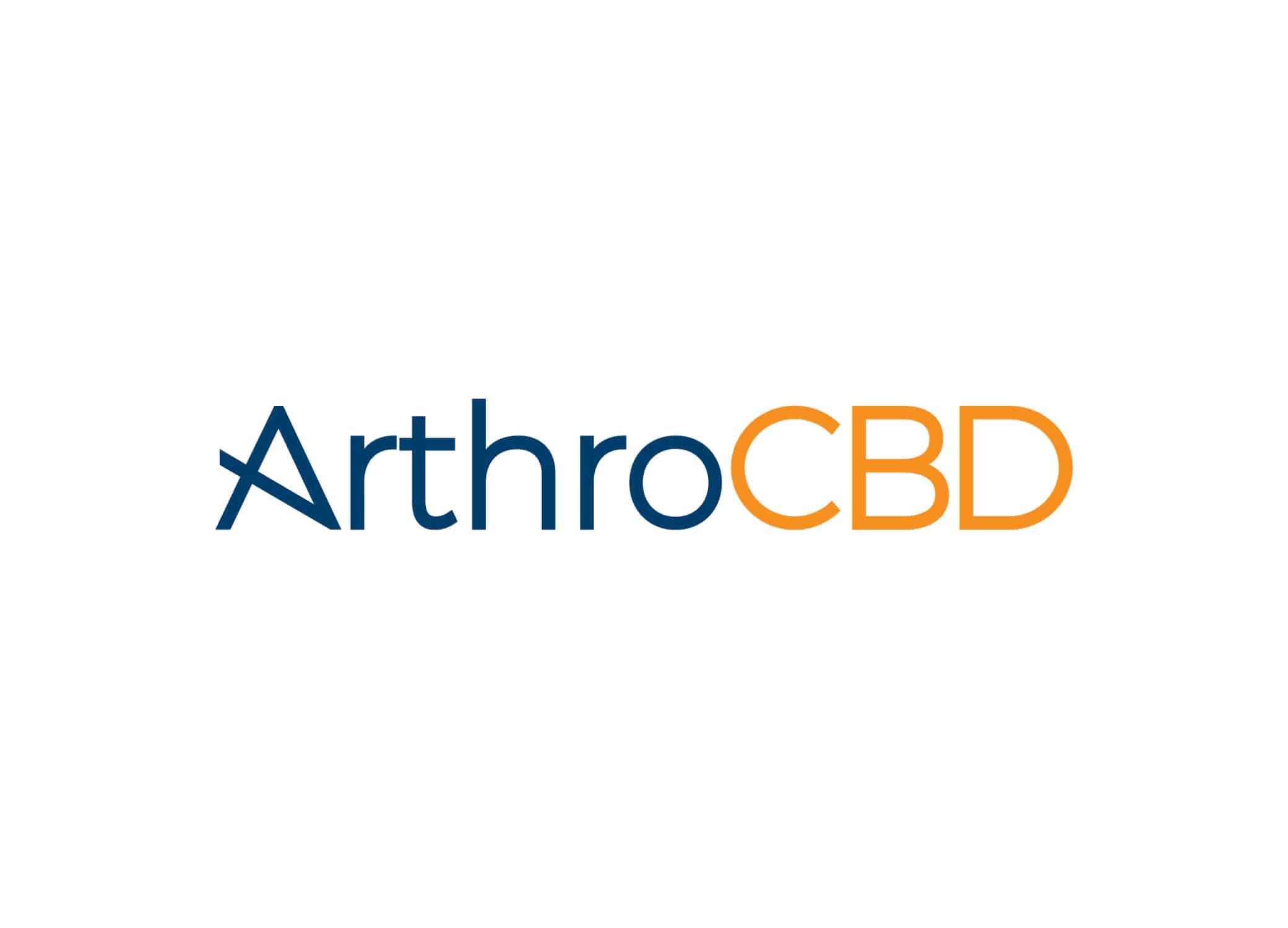 ArthroCBD logo design with diagonal angle across the “A” and navy blue and orange typography.