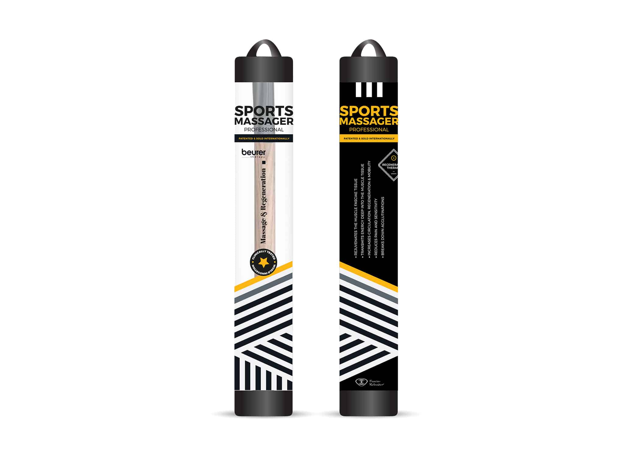 Beurer packaging design for fascia releaser product with black and white angled stripes and pops of yellow.