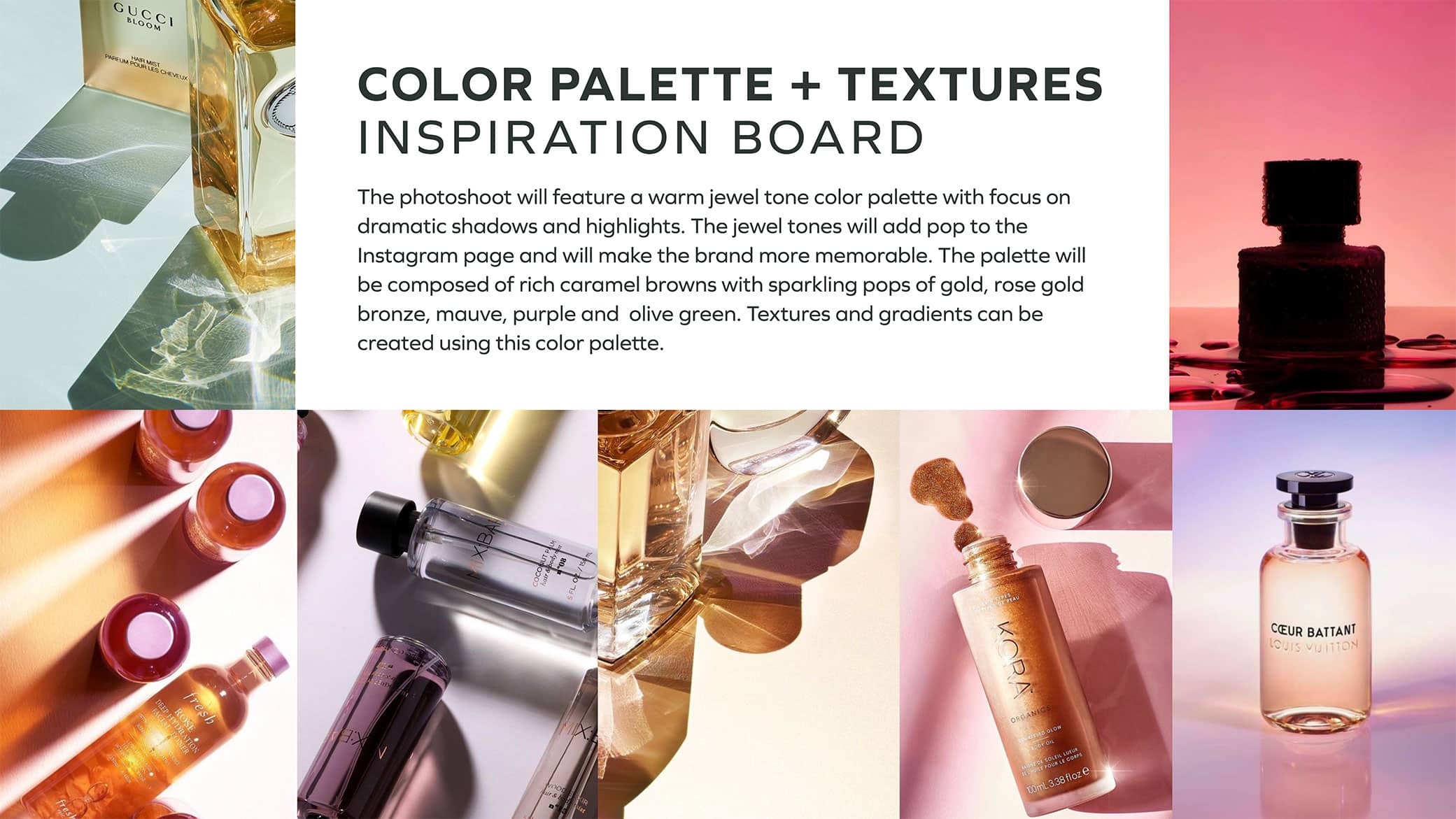 CTRL Cosmetics color palette and textures inspiration board showcasing different images with shadows and tones in gold and rose gold jewel tones.