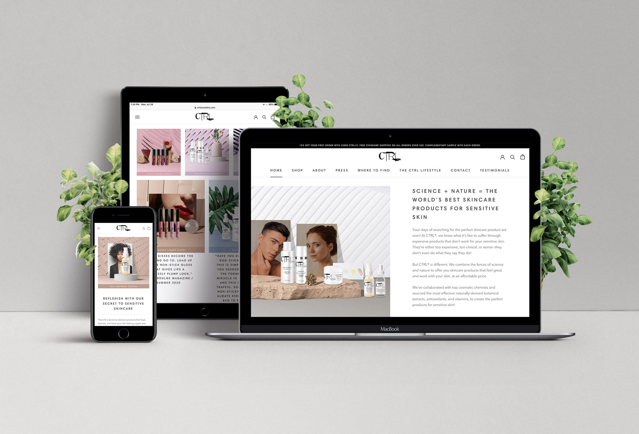 CTRL Cosmetics website featuring different views of their site homepage on an iPad, iMac and iPhone.