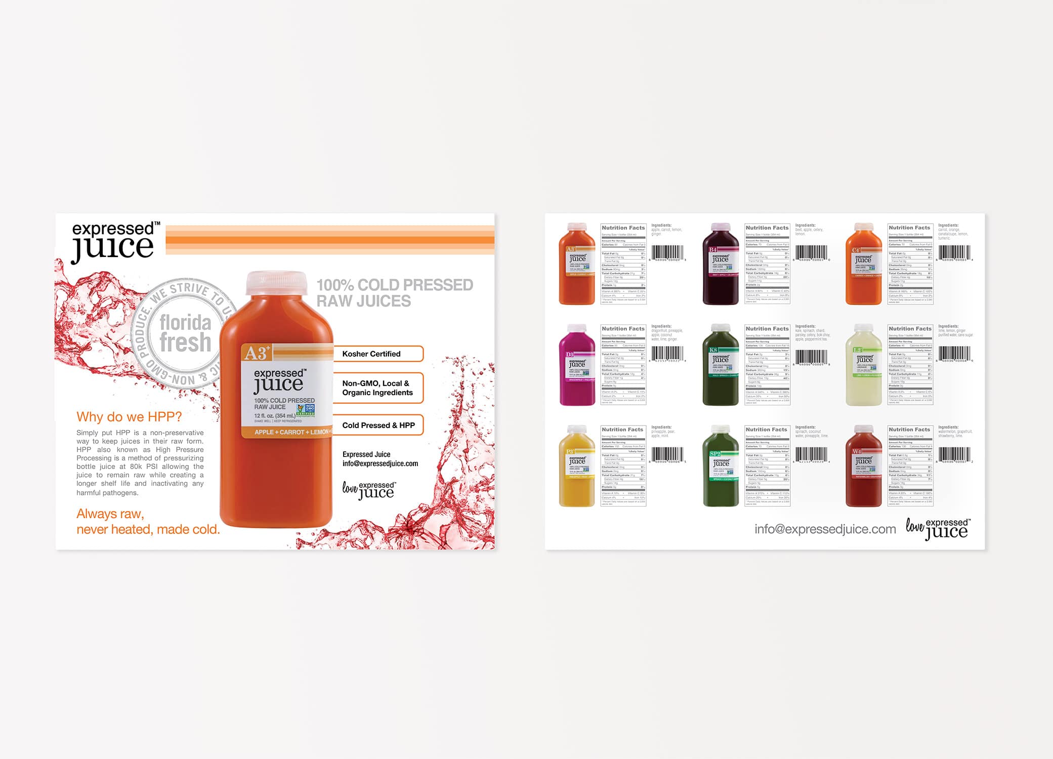Expressed Juice sell sheets showcasing the value of their cold pressed juices, information about different flavors and nutrition benefits.