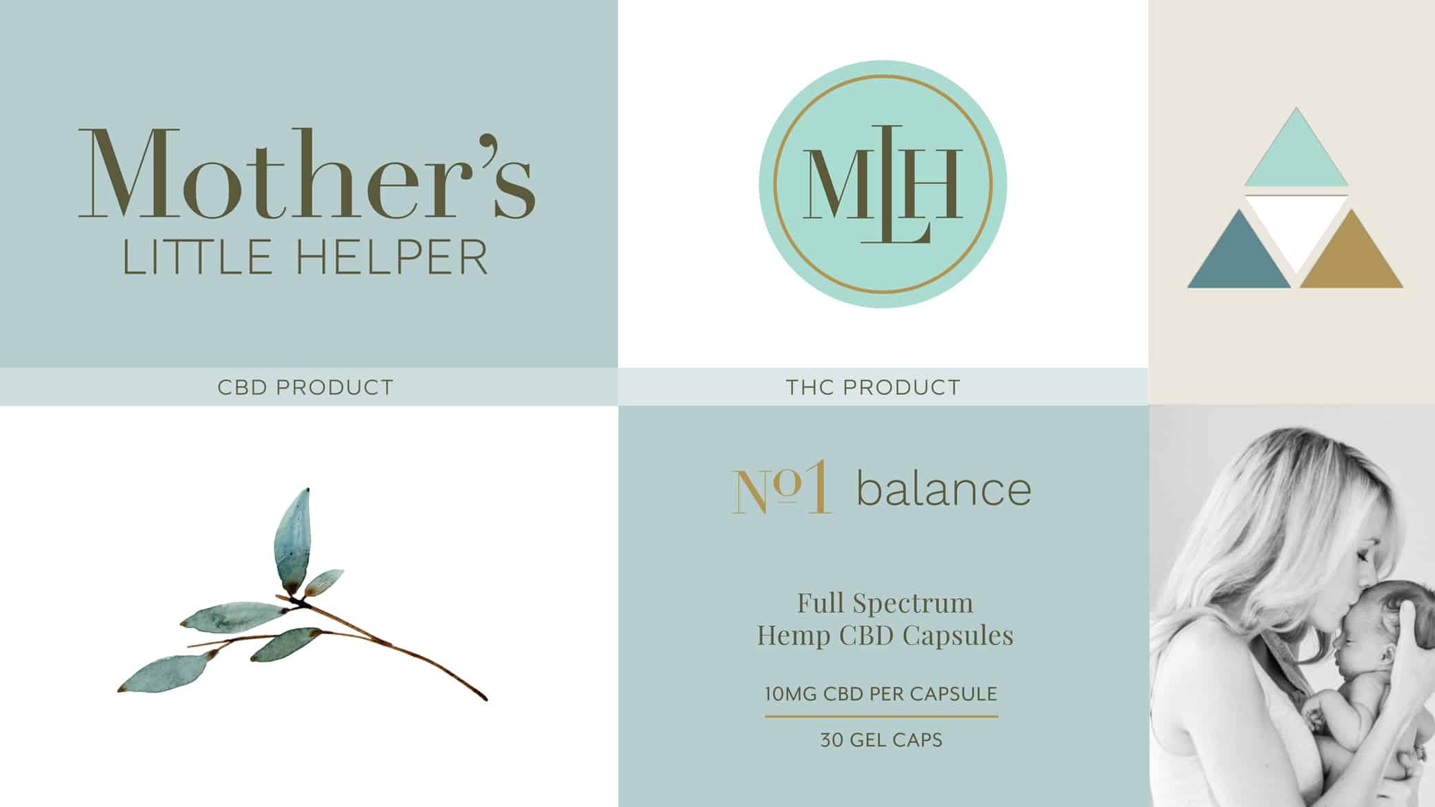 Mother’s Little Helper CBD packaging design inspiration in soft tones of blue and brown with a botanical, clinical direction for the brand.