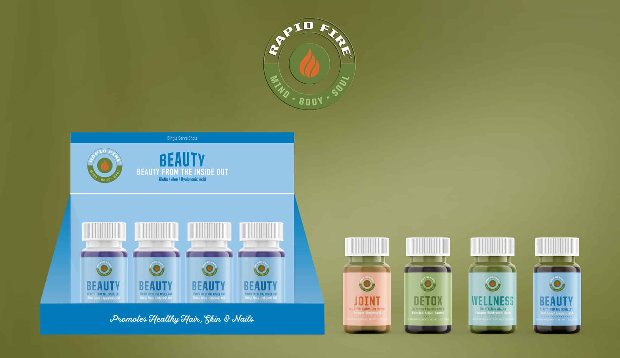 Rapid Fire wellness brand package design single shots in showcase box lined up in a row with earthy pastel color palette.