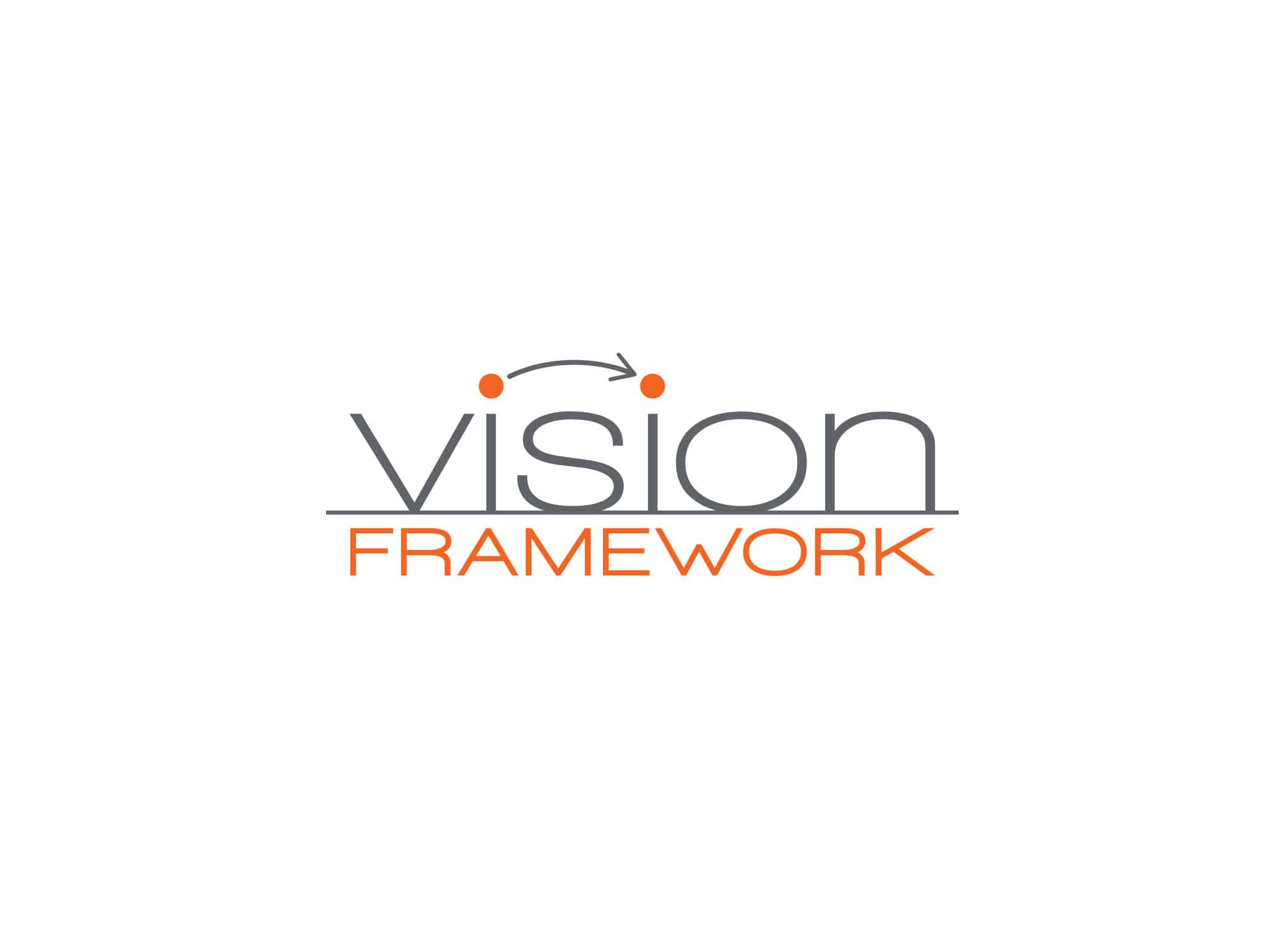 Vision Framework grey and orange logo design with arrow connecting the dots above each “I” in Vision.