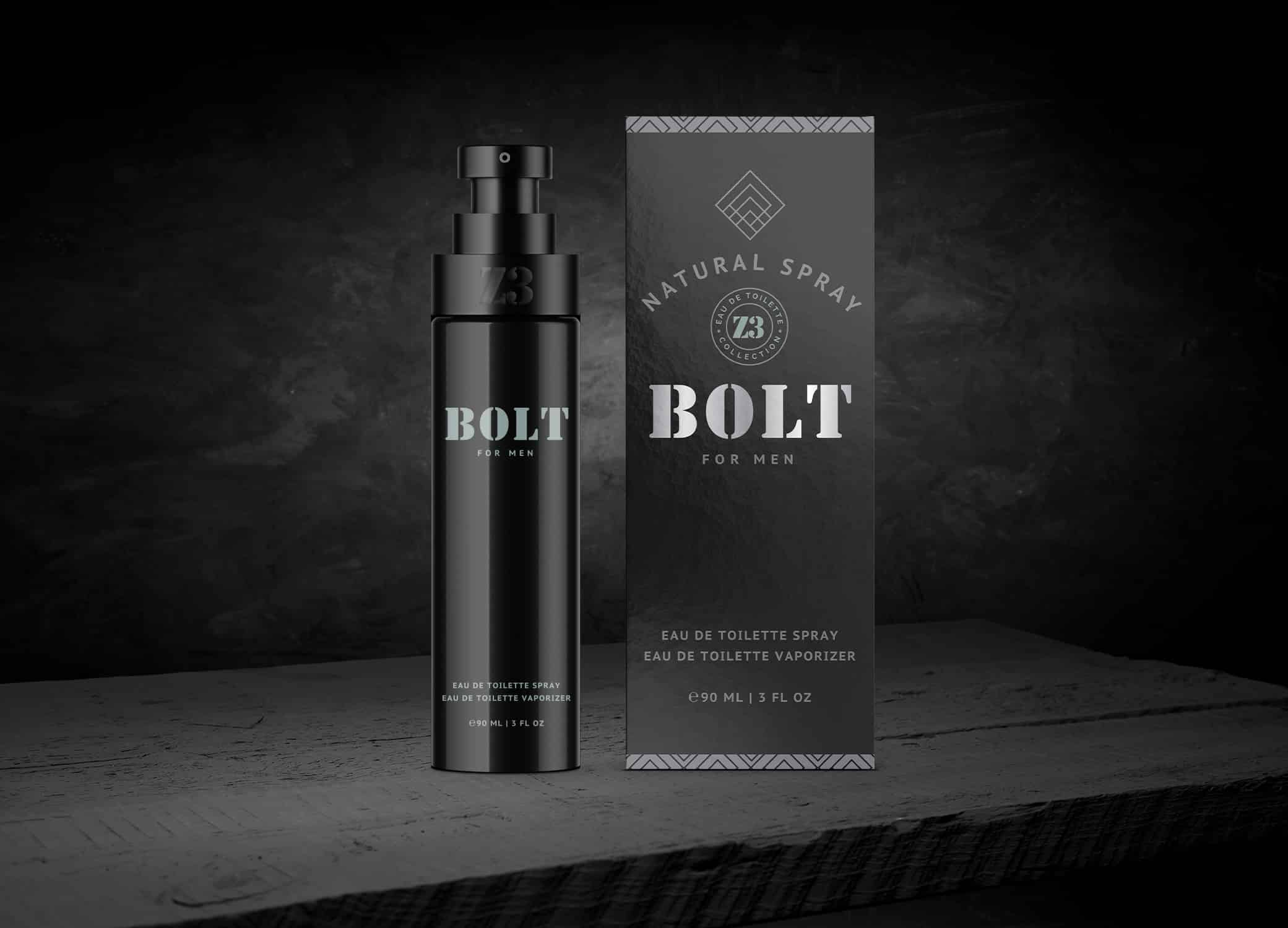 YZY Perfume men's fragrance bottle and package design in black and silver with diamond element for Z3 Bolt product.