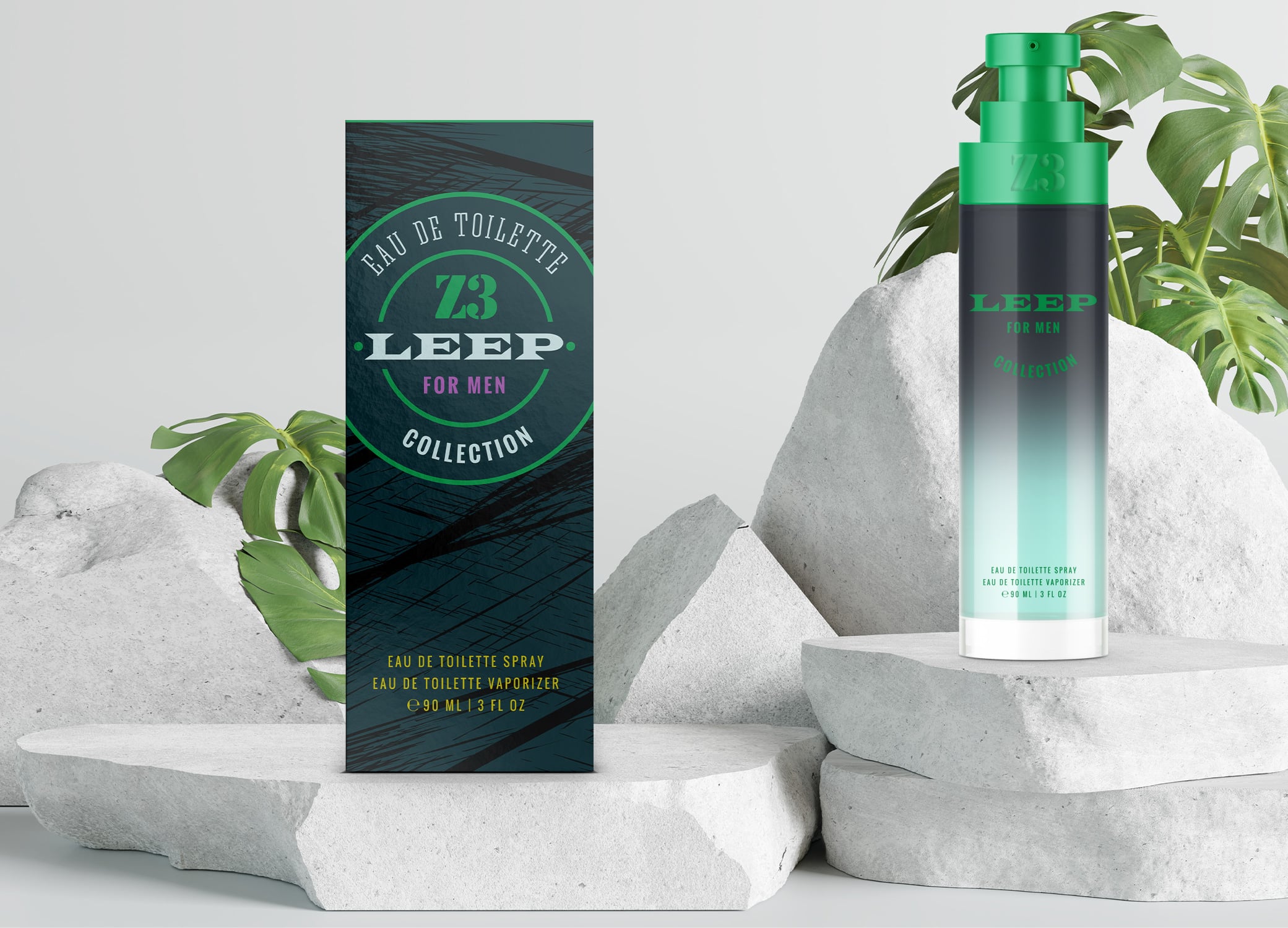 YZY Perfume men's fragrance bottle and package design in jungle green with tiger scratch pattern for Z3 Leep product.