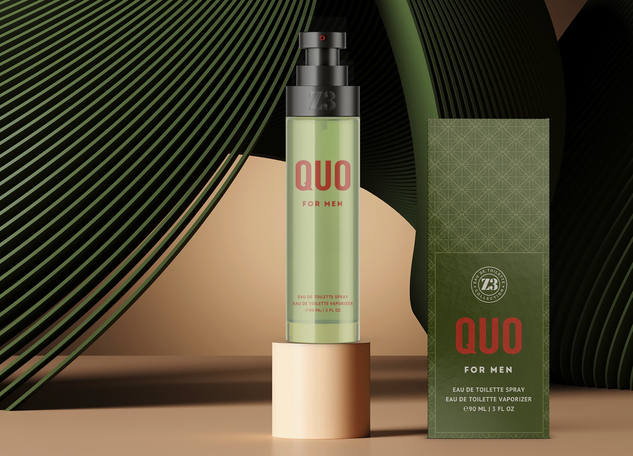 YZY Perfume men's fragrance bottle and package design in olive and rust with ornate pattern for Z3 Quo product.
