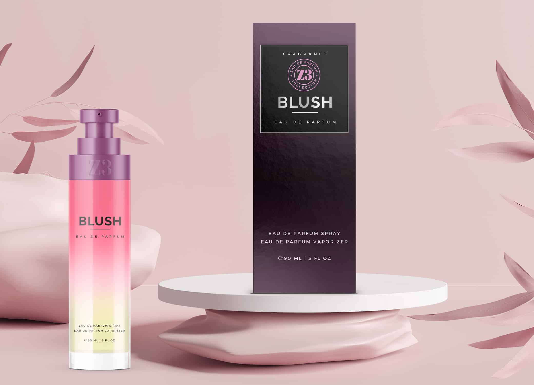 Luxury perfume packaging for YZY in pink and purple ombre for Z3 Blush product.