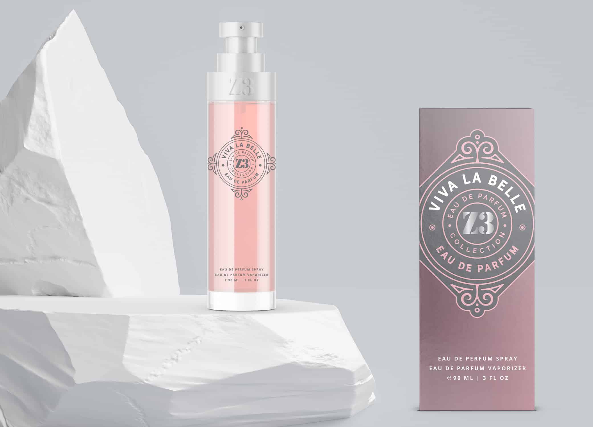 Luxury perfume packaging design for YZY in pink and charcoal with vintage emblem for Z3 Viva la Belle product.