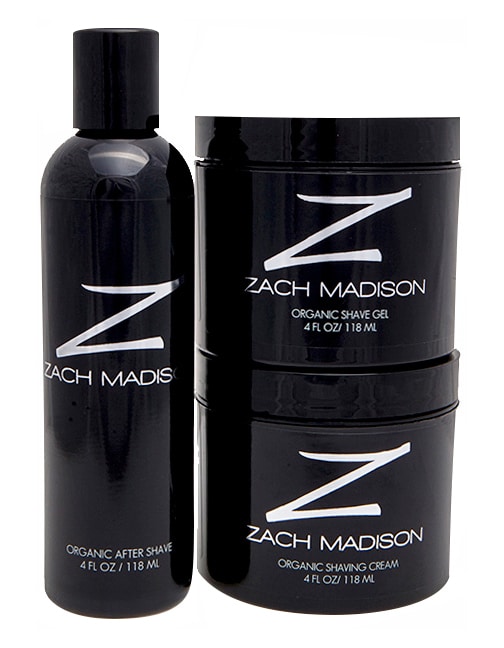 Zach Madison skincare packaging design showing three products in an array of sleek black bottles with bold silver logo and lettering.