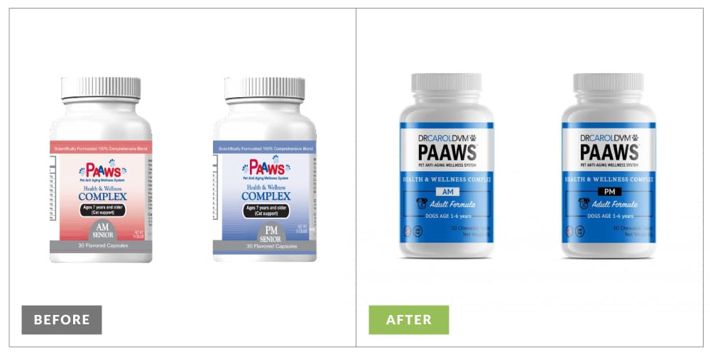 Rebranding packaging for Dr. Carol Paaws bottle design, showcasing the before and after images.