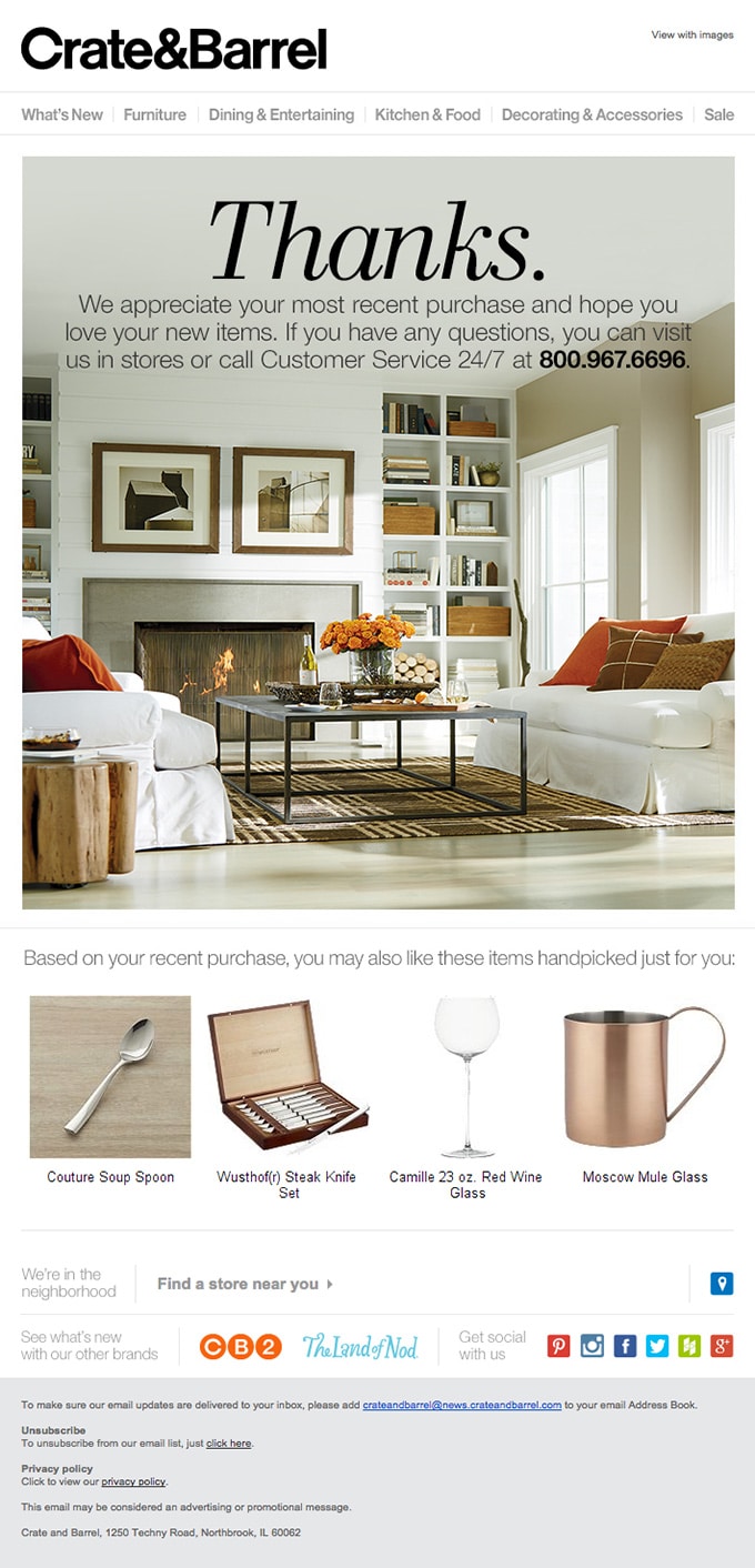Email marketing Miami company showcasing Crate&Barrel's email blast thank you message.