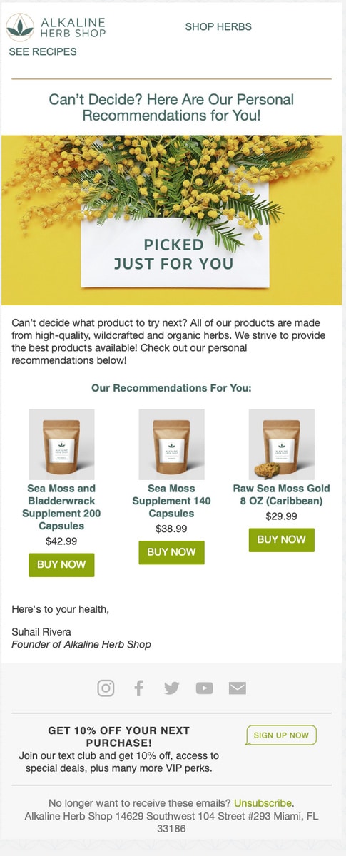 Email blast from Alkaline Herb Shop showing a hand-picked "Picked Just for You" selection of popular products.