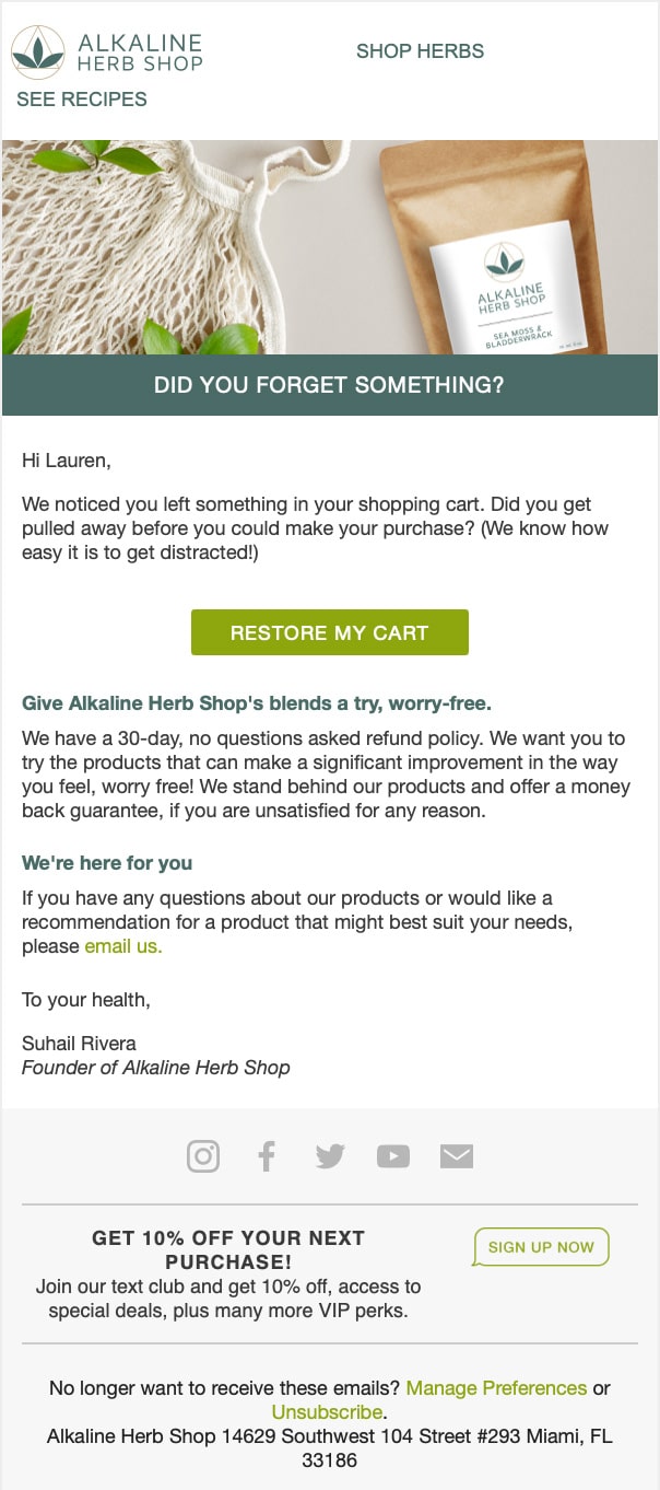 Florida email marketing company Alkaline Herb Shop's reminder email.