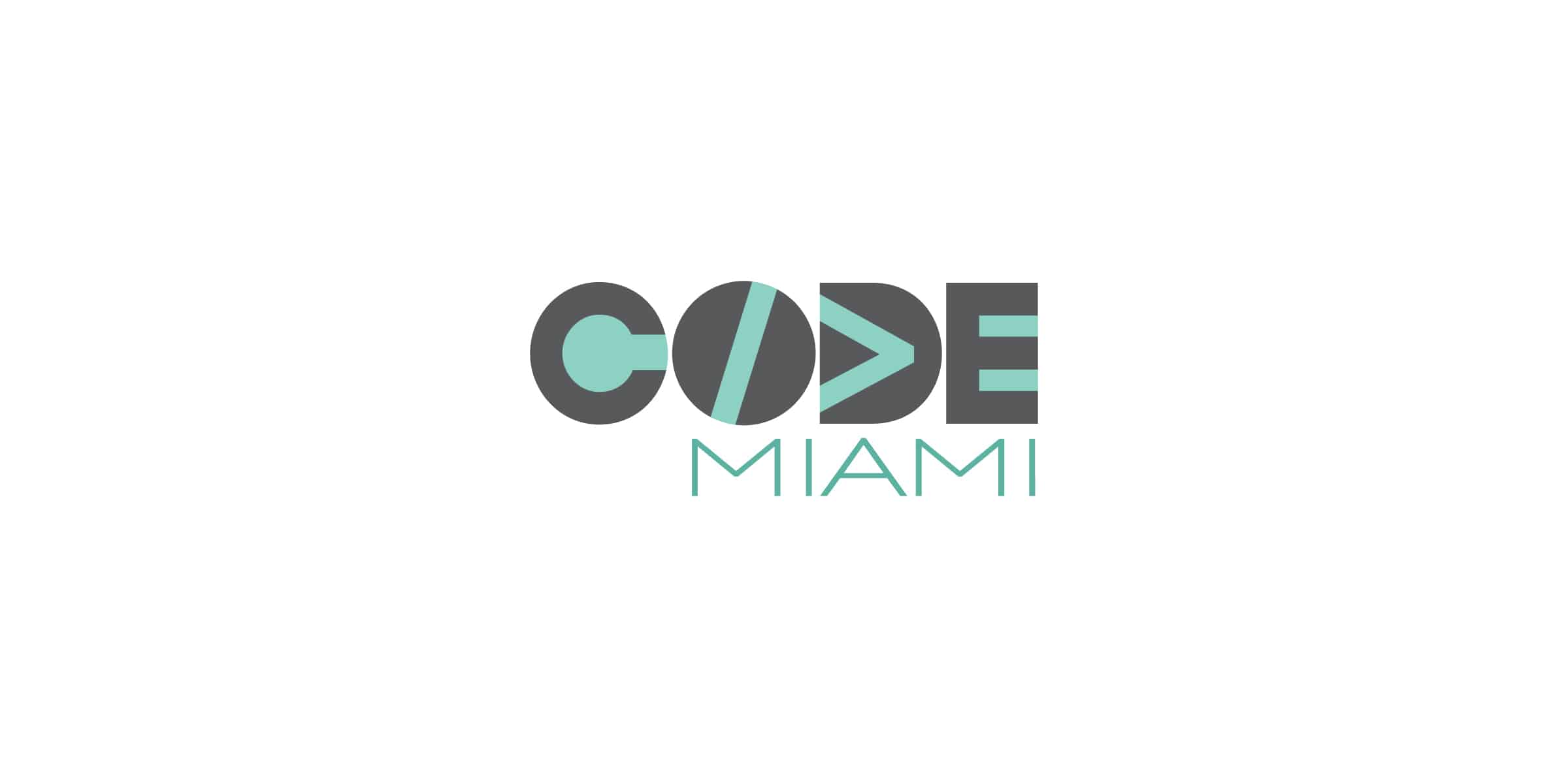 Code Miami Logo Design using inspiration from computer code with mint green and grey color palette.