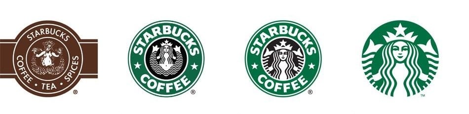 著名标志品牌重塑示例：多年来星巴克标志