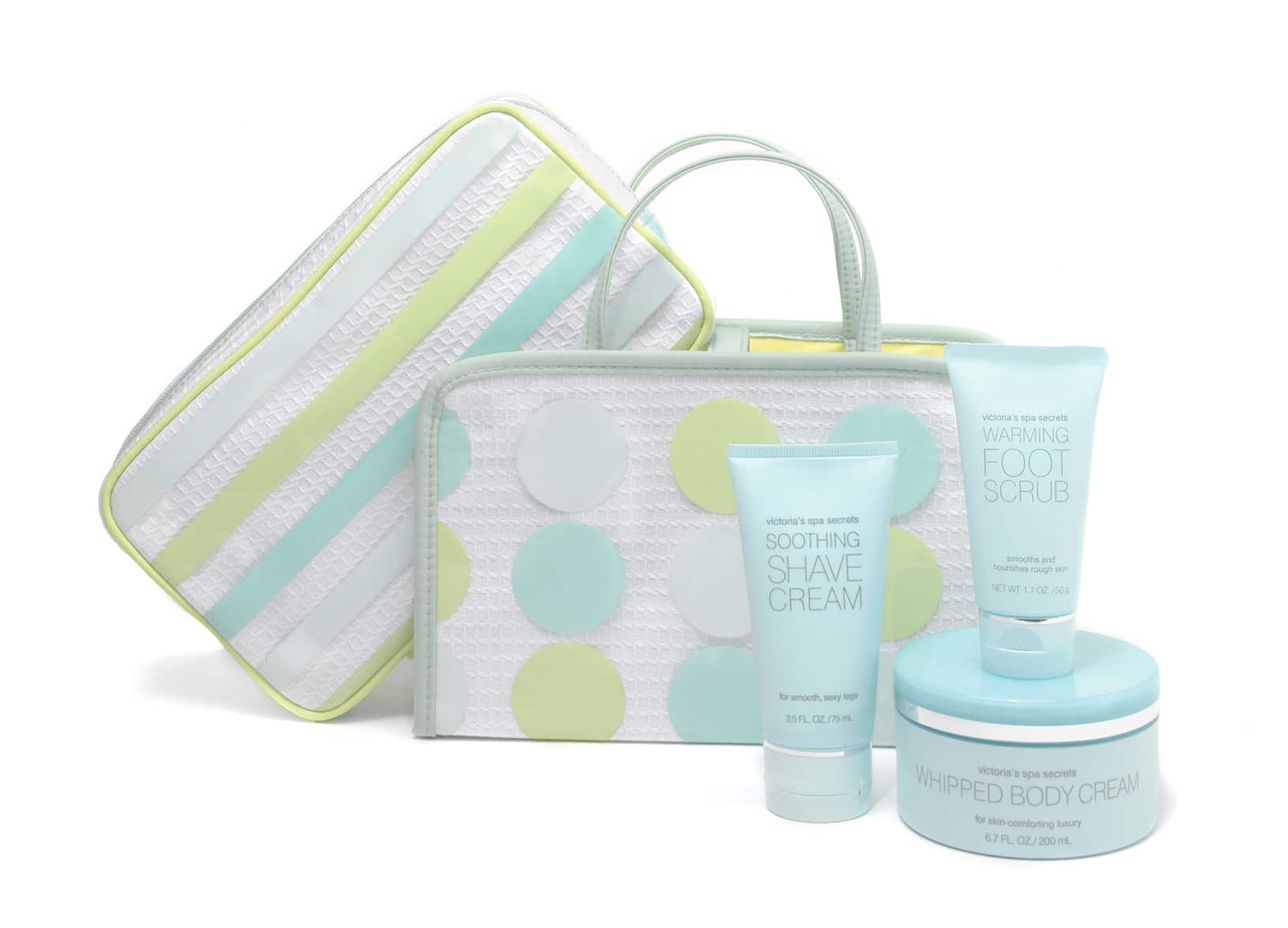 Travel gift bag design for Victoria's Secret Spa Secrets travel gift bag design with lotions and pouches with bold polka dots and stripes.