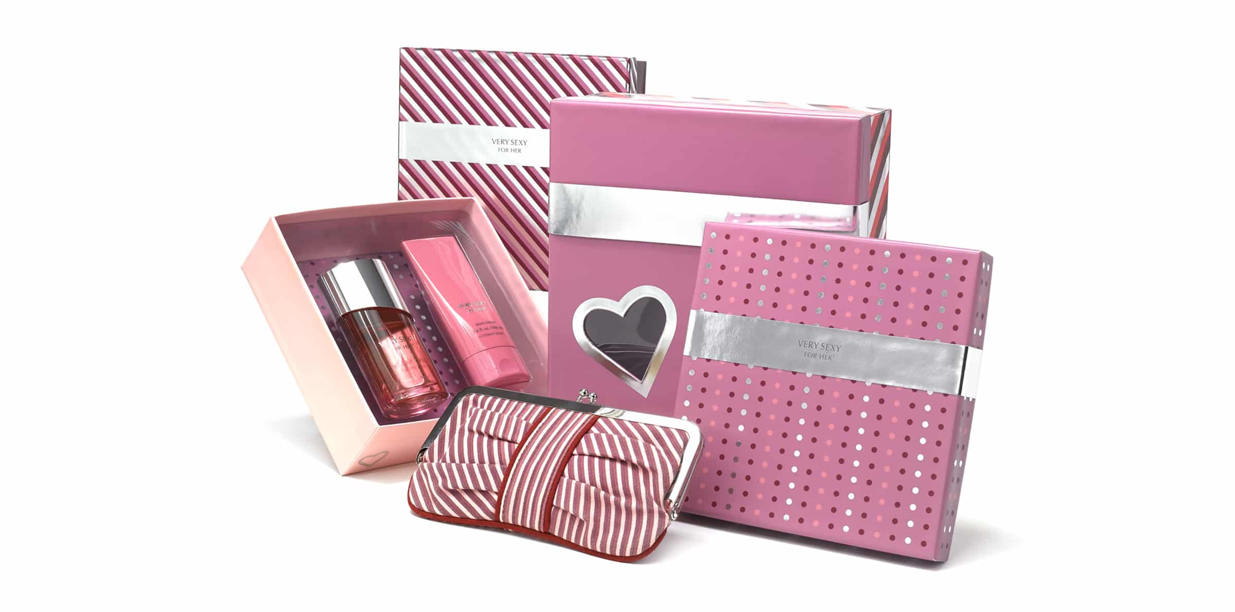 Cosmetic packaging design for Victoria's Secret Very Sexy For Her box design in pink, silver, red, with polka dots, diagonal stripes, and heart icons.