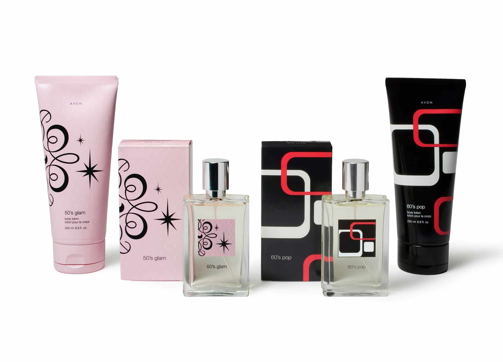 Avon Retro fragrance bottle designs, one 50s-inspired in light pink and black packaging, and one 60s-inspired in black and red.