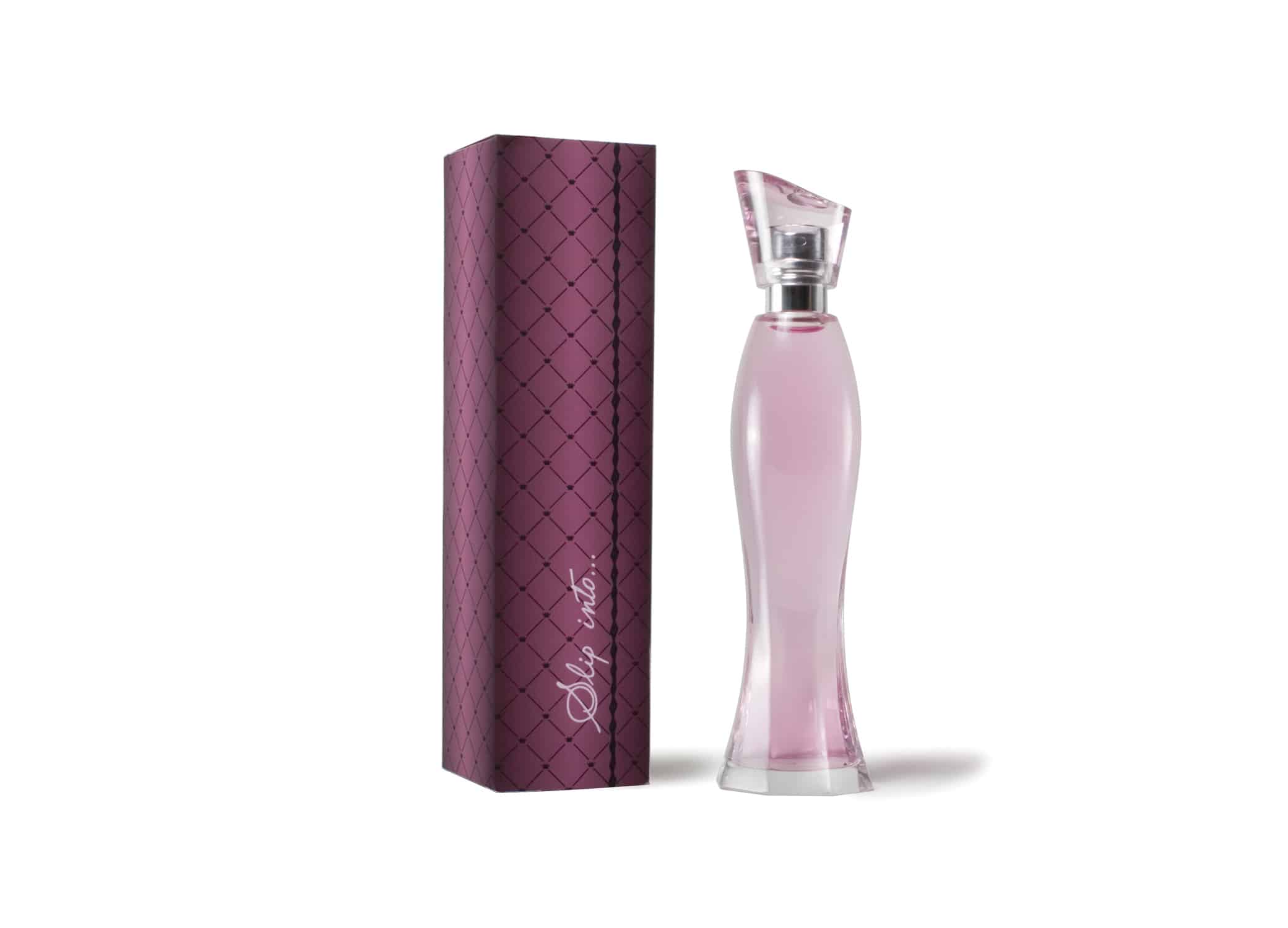 Avon Slip Into fragrance bottle and packaging design with hourglass shape, colored with a pink hue, and fishnet box design.