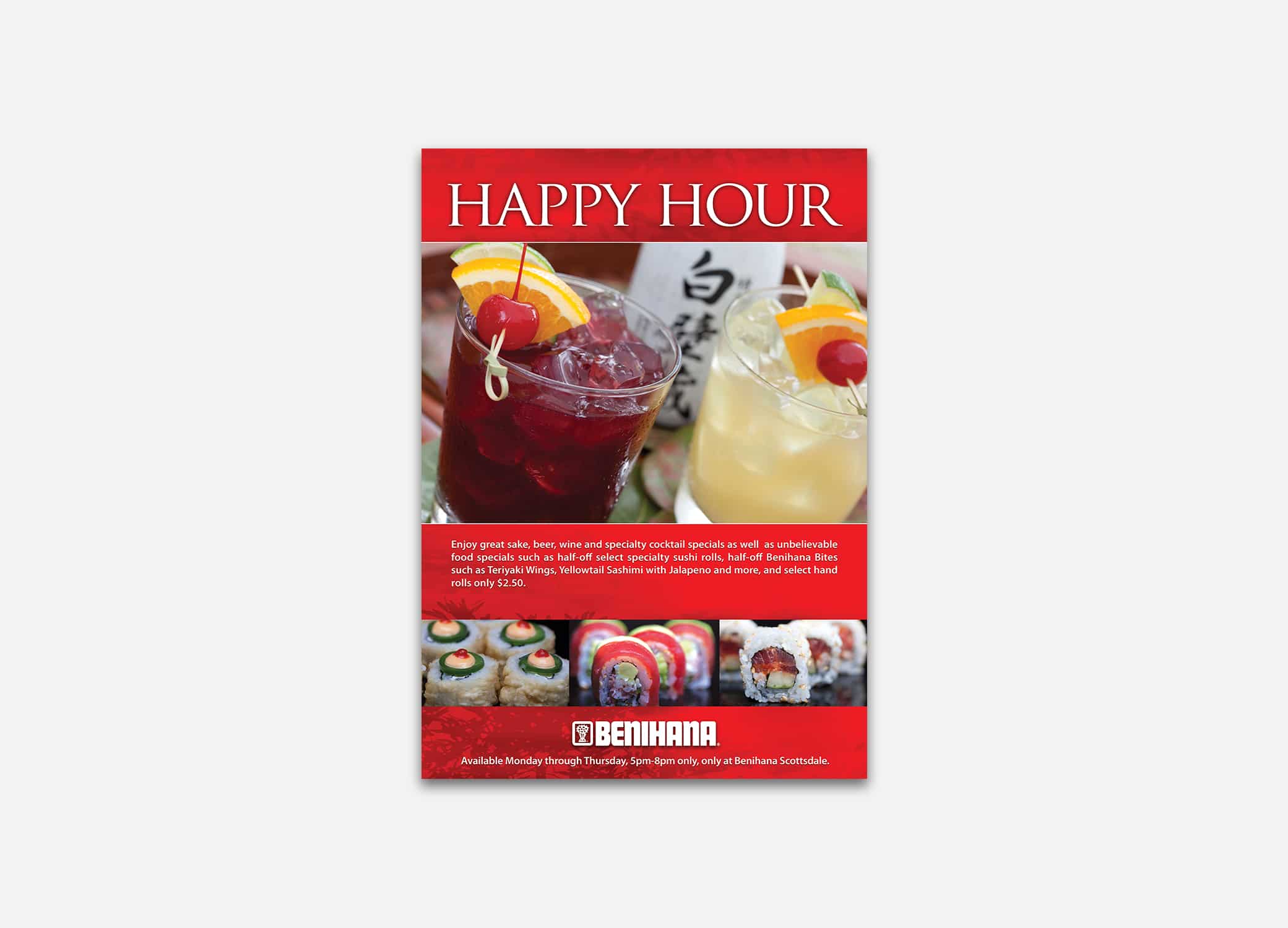 Benihana food brand design for email marketing campaign featuring happy hour drinks promotion against grey backdrop.