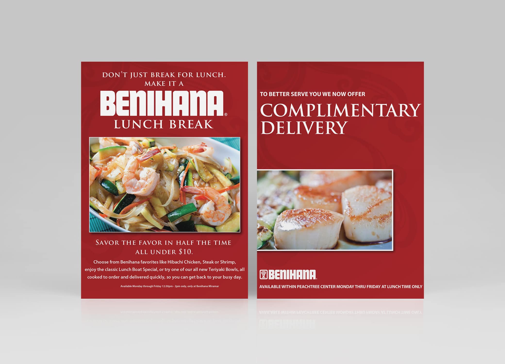 Benihana food brand design featuring Lunch Break and Complimentary Delivery flyers in red.