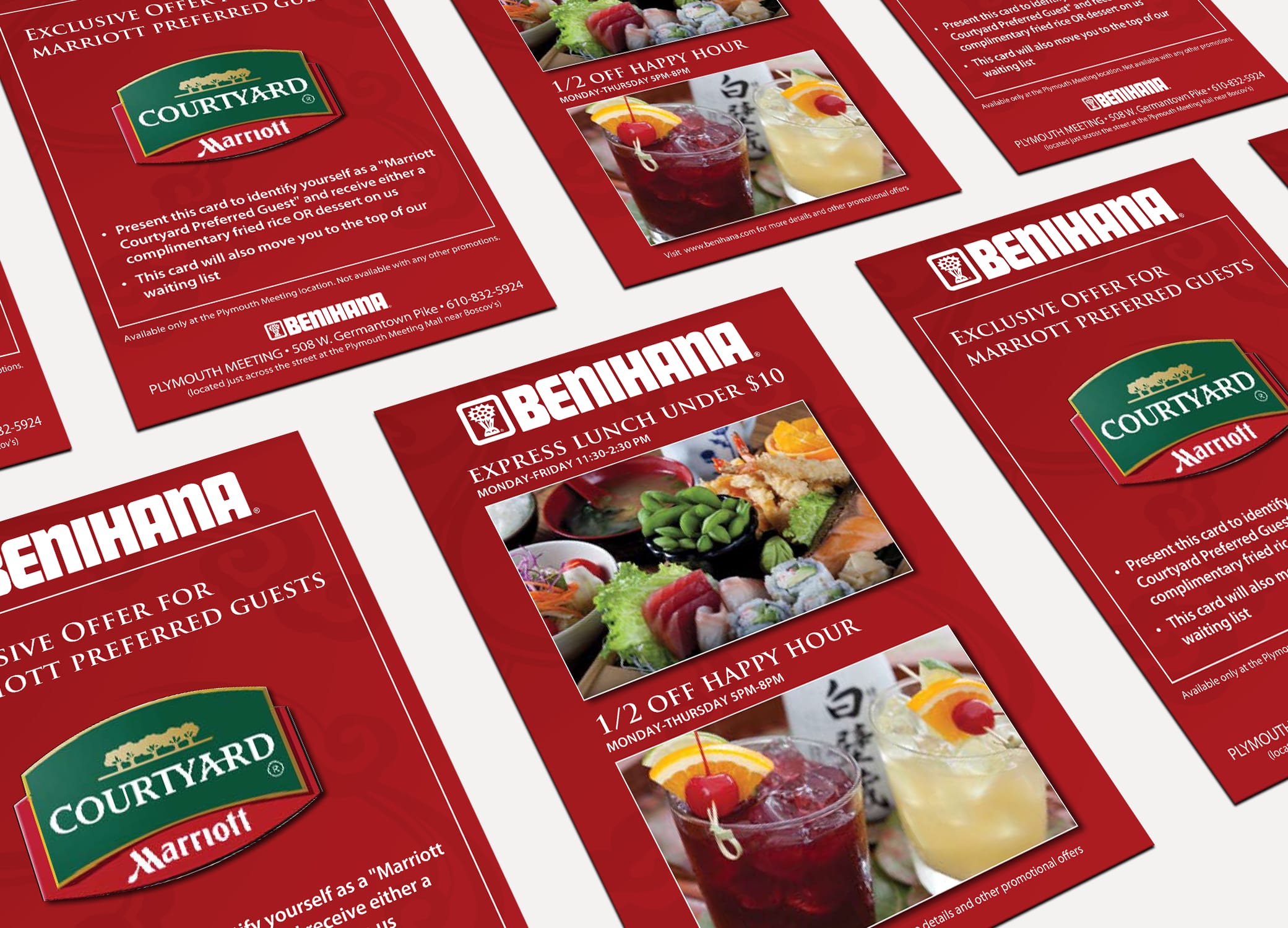 Benihana food brand design flyers for Marriott Preferred Guests arranged in diagonal rows against white backdrop.