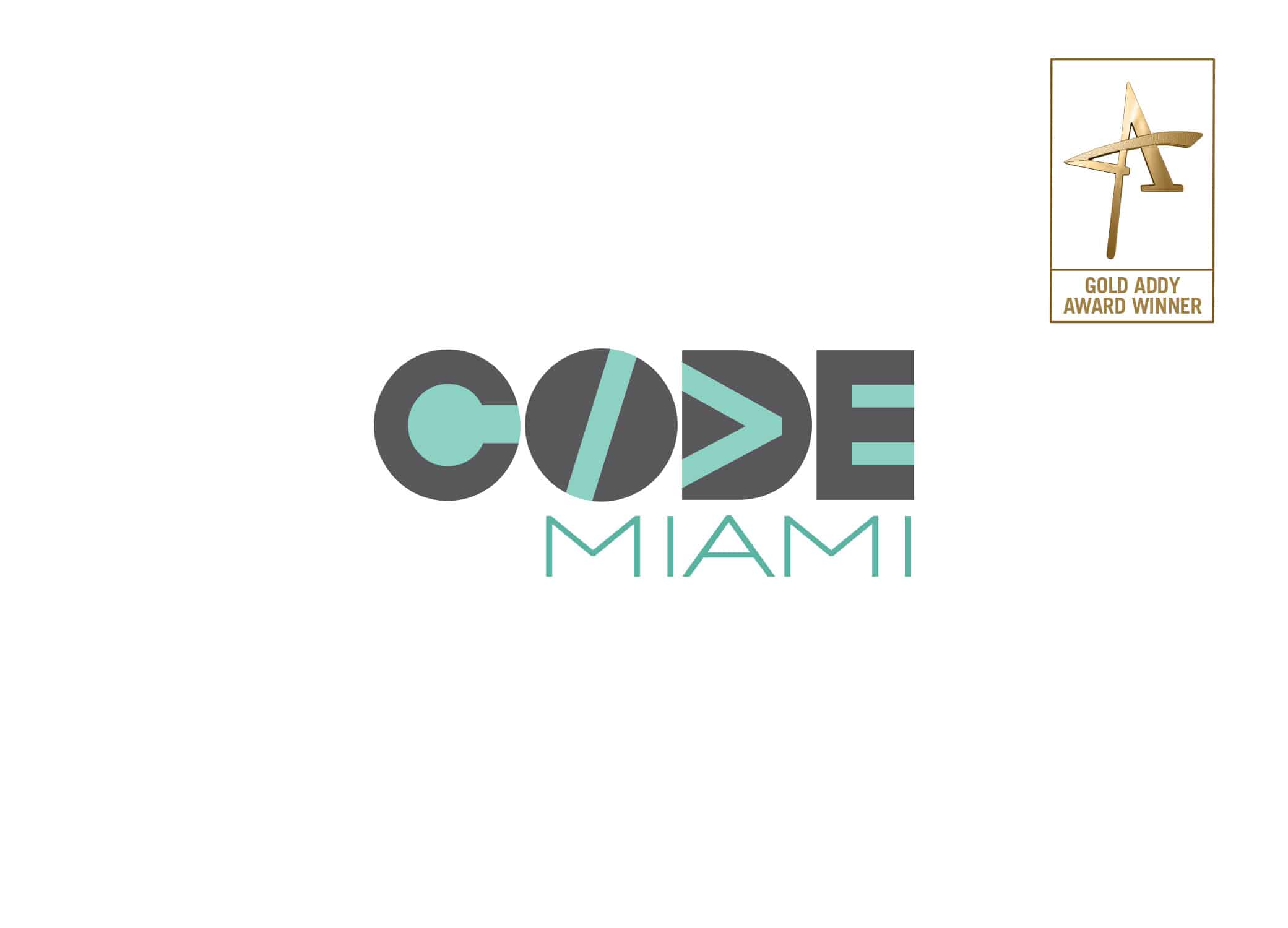 Code Miami logo graphic design using inspiration from computer code with mint green and grey color palette.